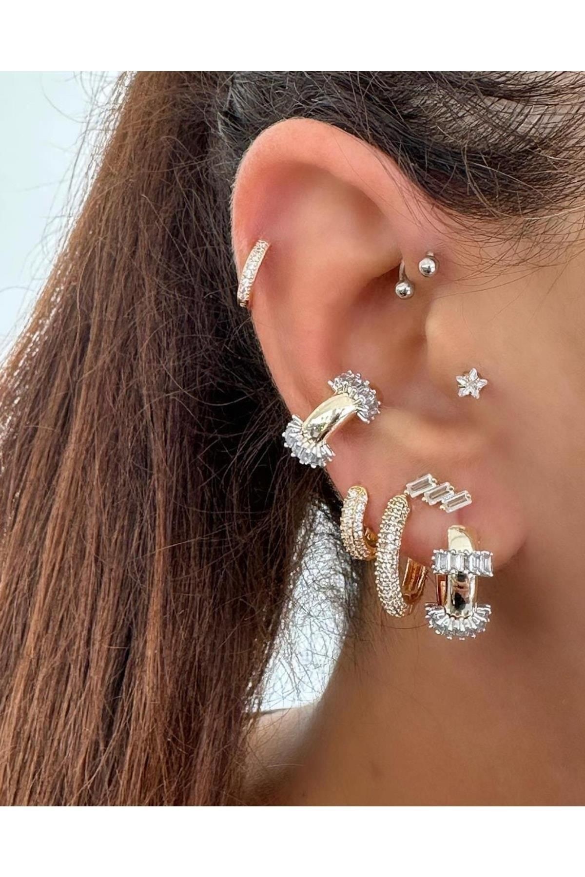 Gold Özel Seri Pirinç Kaplama Zirkon Baget Taşlı Earcuff Kıkırdak Küpe