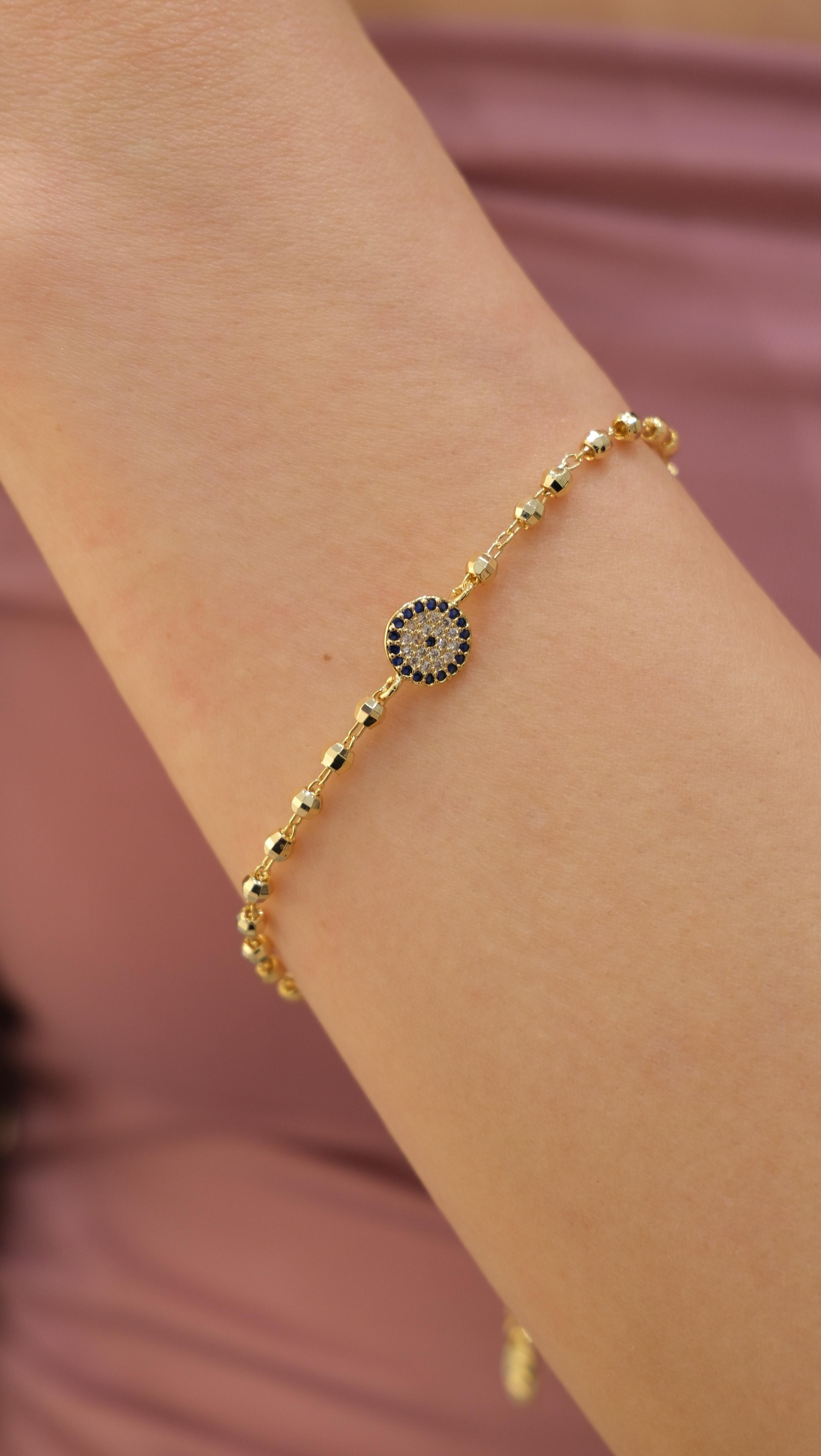 Gold 14k Mini Topçuk Detaylı Nazar Boncuk Bileklik