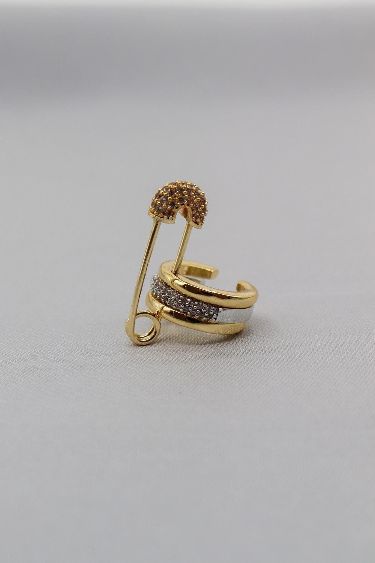 Gold Zirkon Taş Çengelli İğne Earcuff Pirinç Kaplama Kararmayan Kıkırdak Küpe