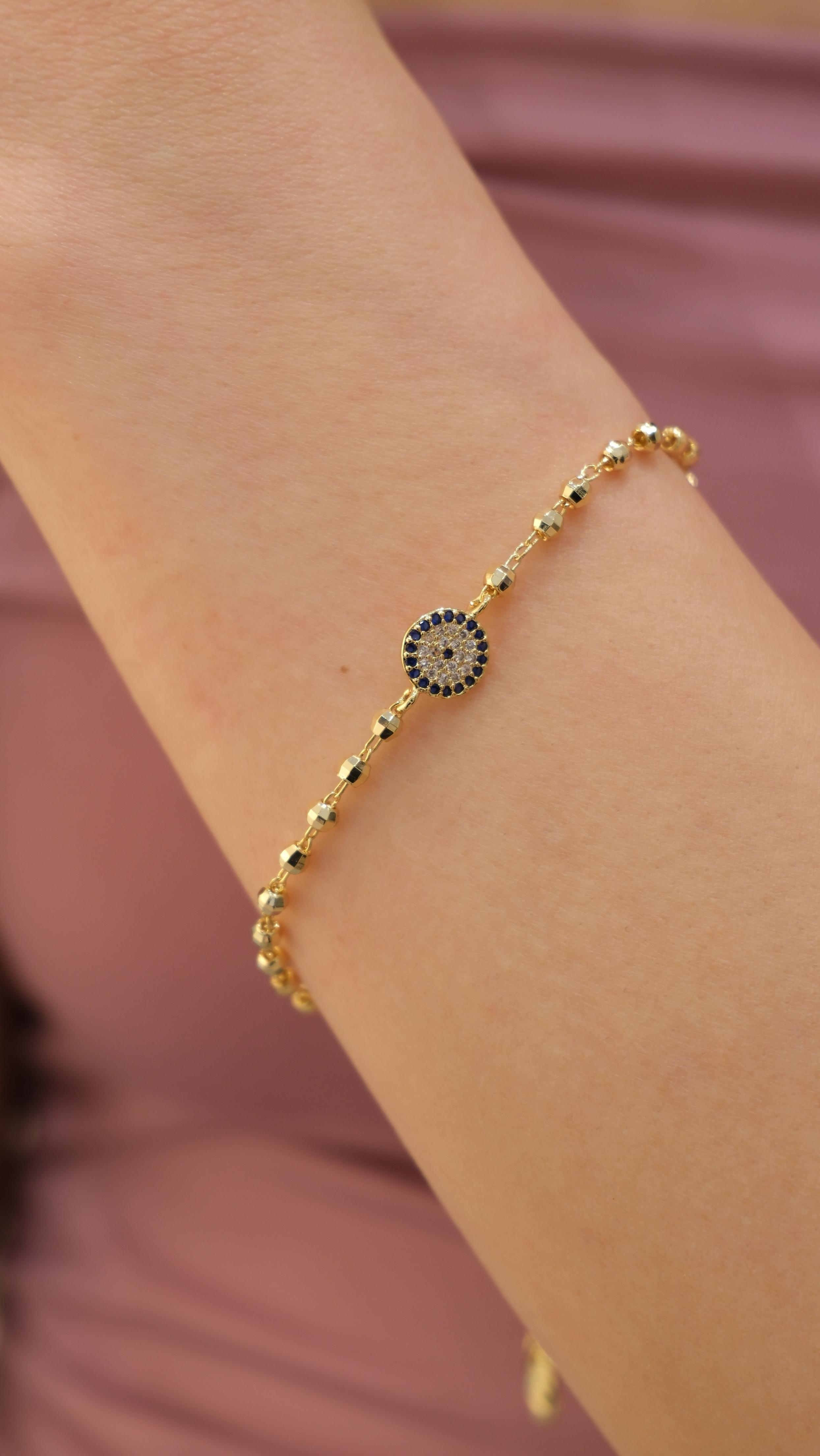 Gold 14k Mini Topçuk Detaylı Nazar Boncuk Bileklik