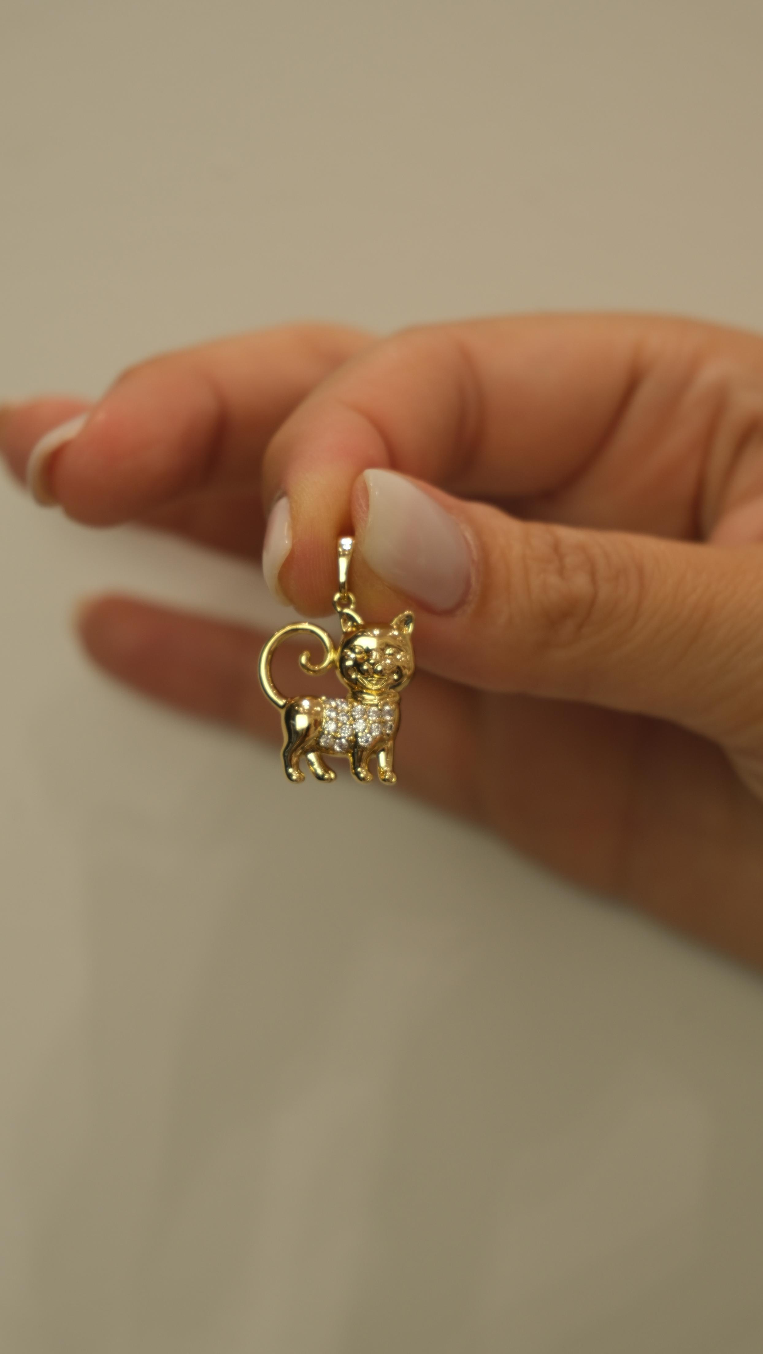 Gold Zirkon Taş Kedi Figür Kolye Ucu