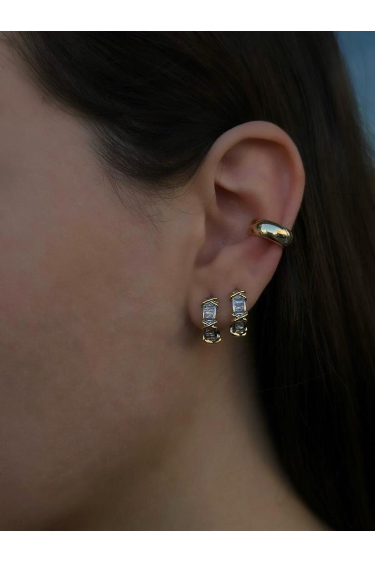 Gold ve Silver Düz Plaka Pirinç Kaplama Earcuff Kıkırdak Trend Küpe