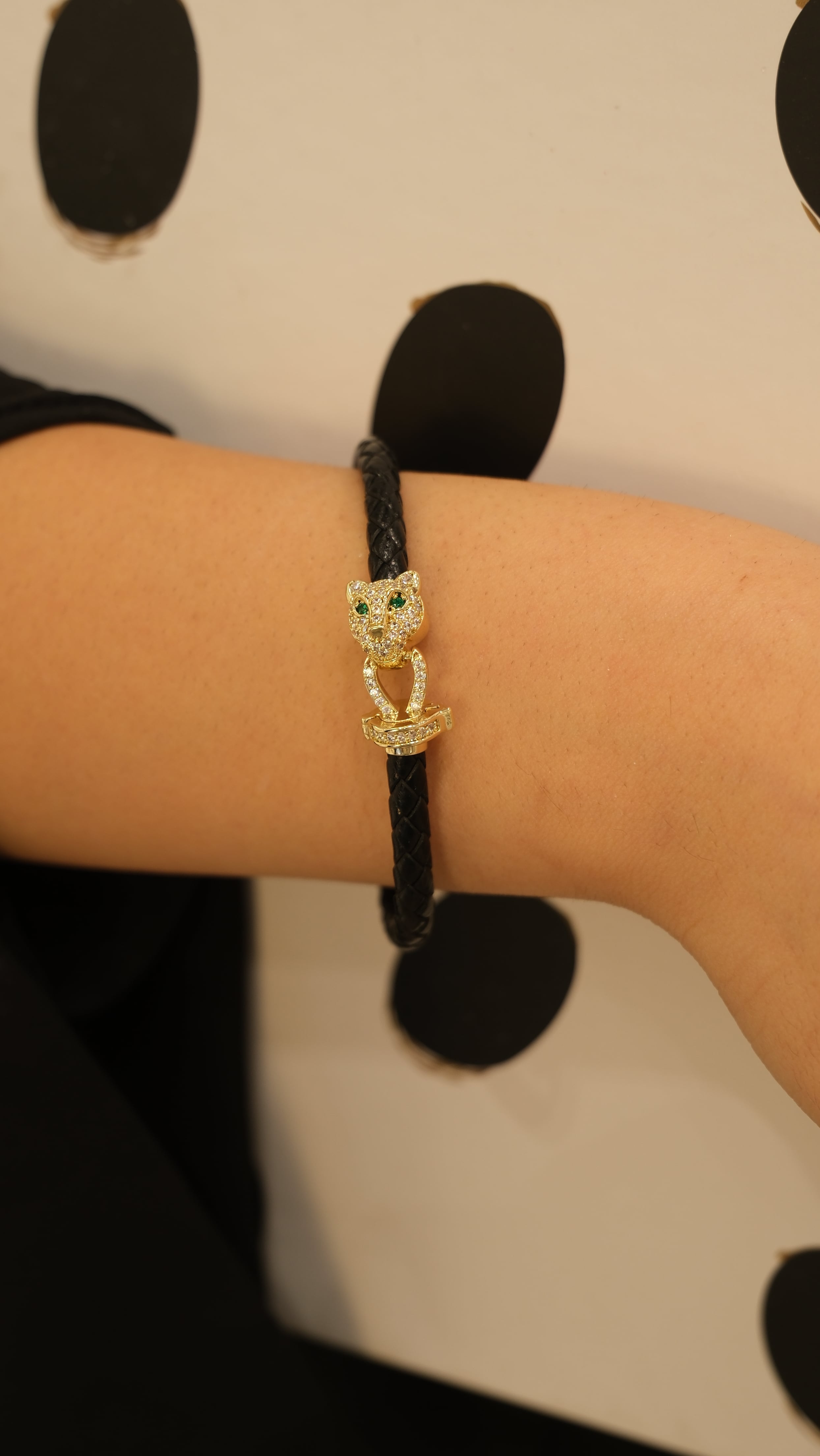 Kaplan Figür Siyah Deri Bileklik