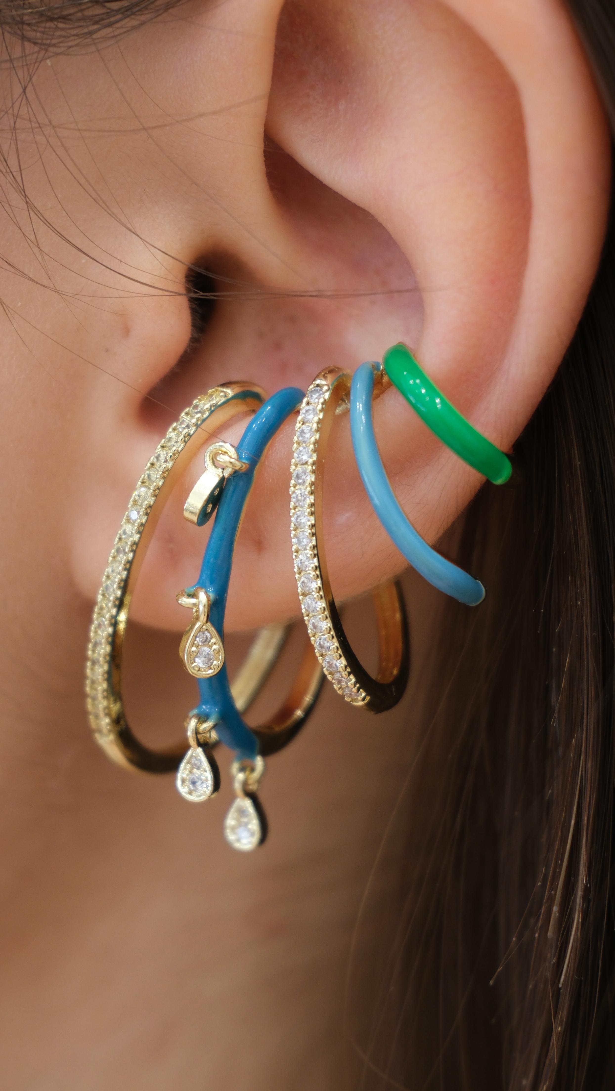 Renkli Mineli Dörtlü Görünüm Tasarım Earcuff Kıkırdak Küpe
