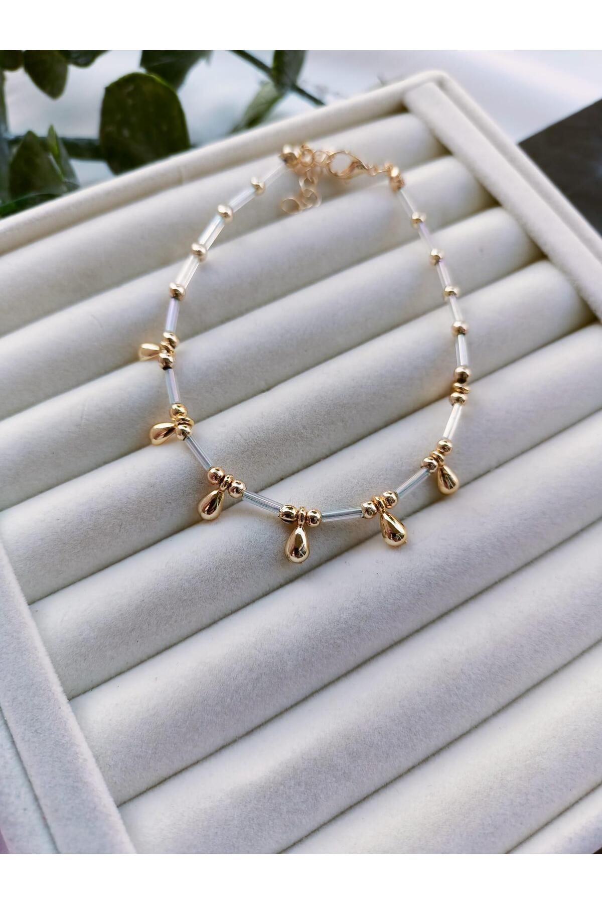 Gold Damla Detay Kristal Boncuk Halhal