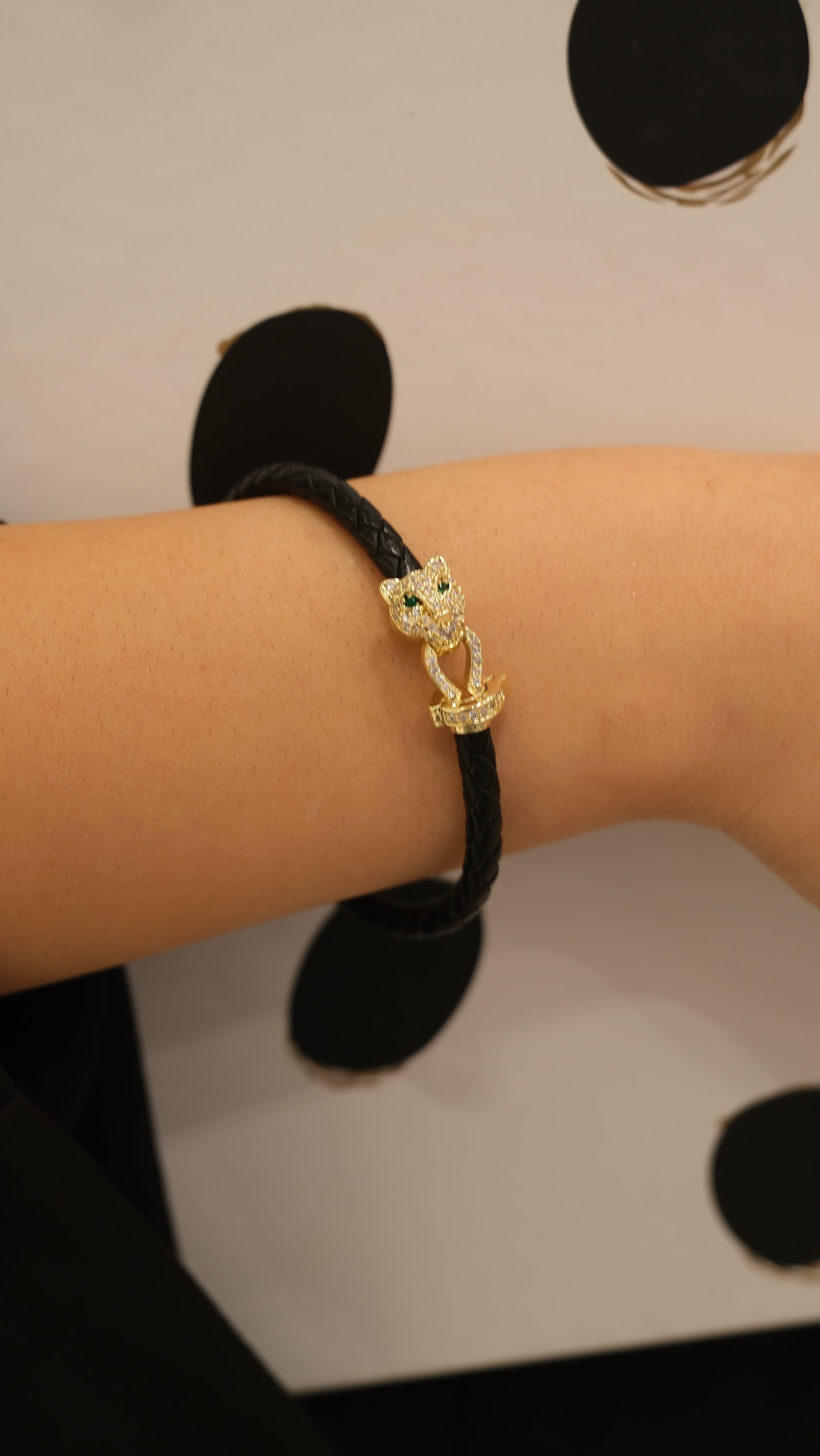 Kaplan Figür Siyah Deri Bileklik