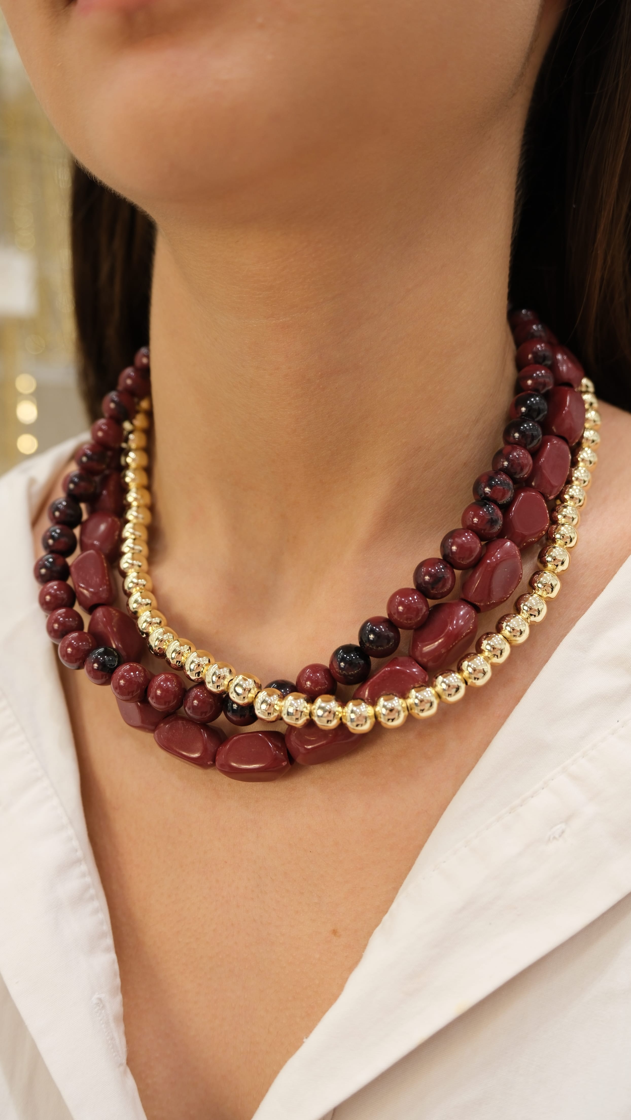 Gold Bordo Çakıl Taş Üçlü Görünüm Kolye