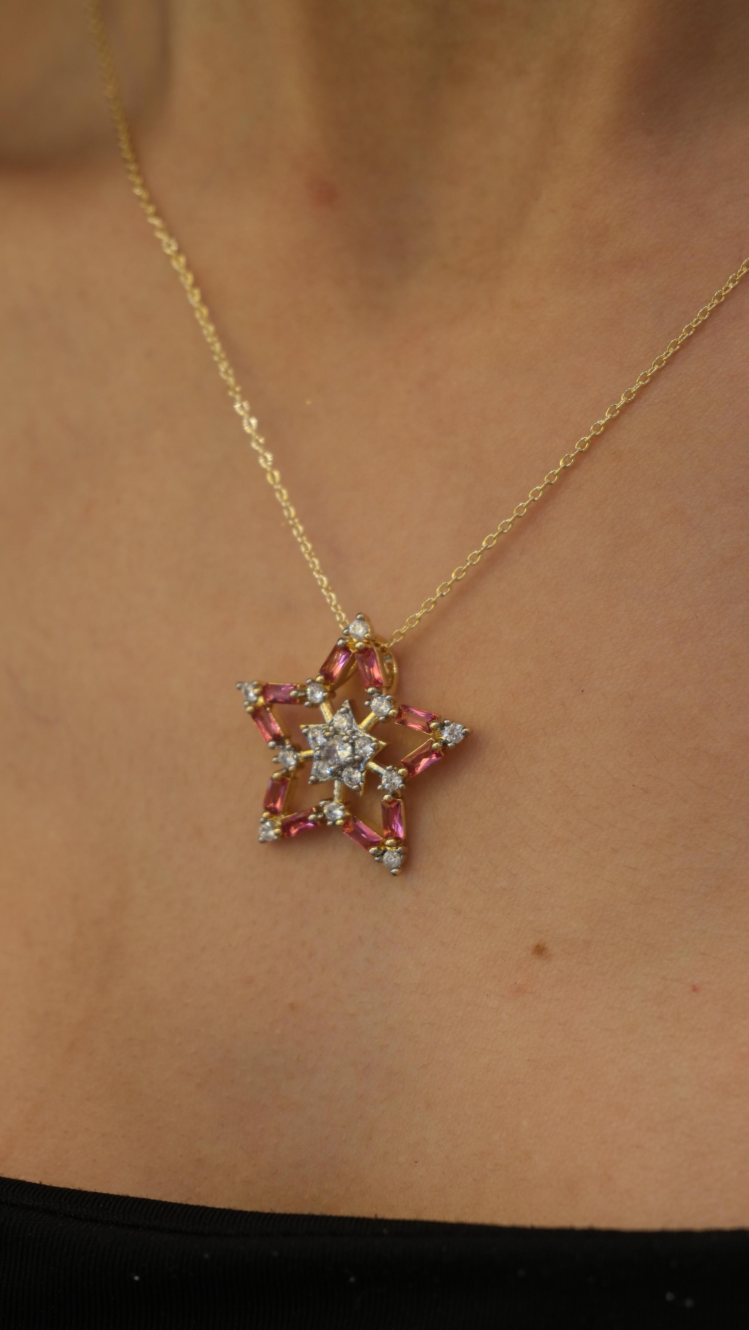 Gold Pembe Kristal Taş Yıldız Kolye