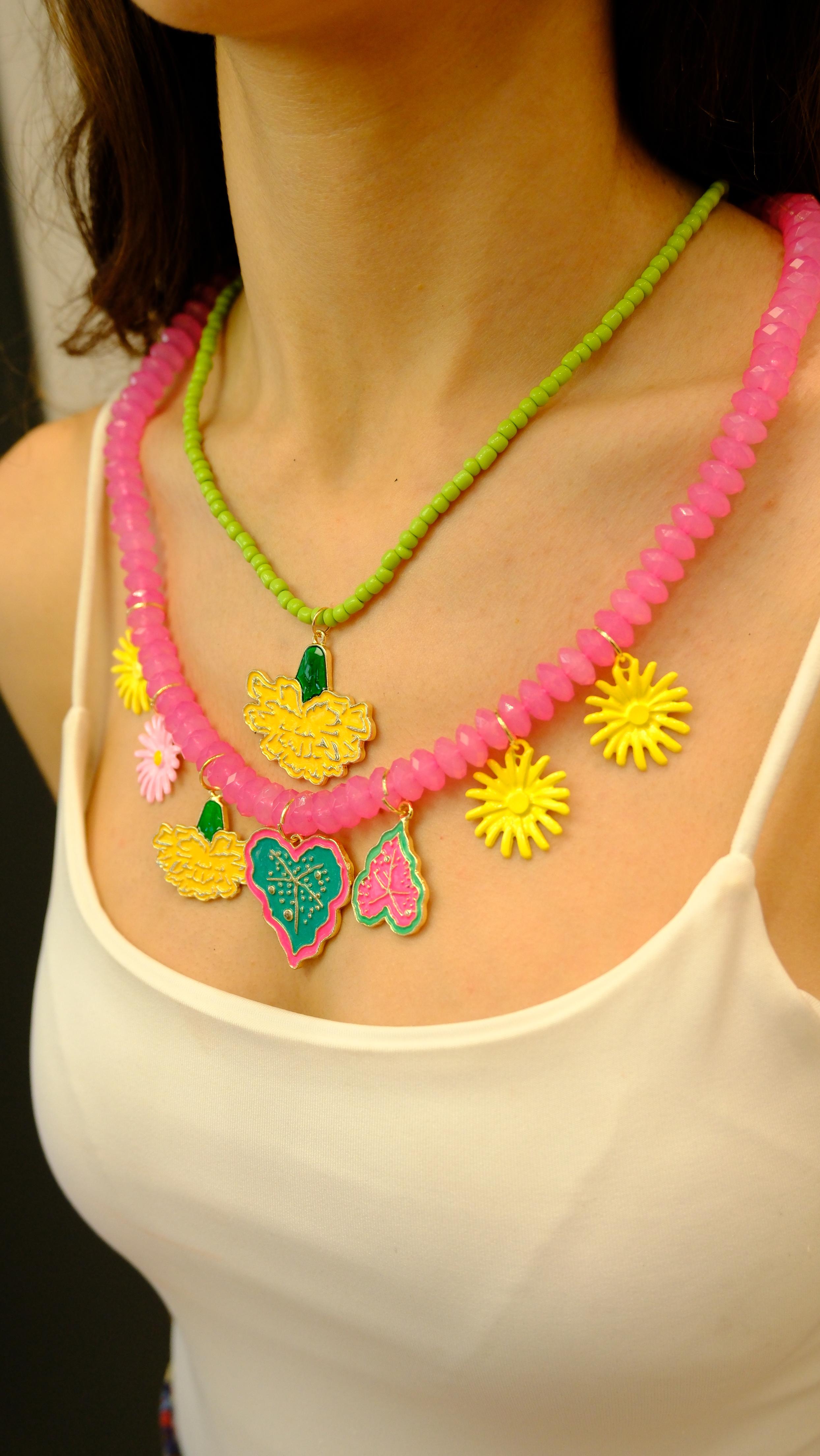 Charm Detay Pembe Kristal Boncuk 2'li Kolye