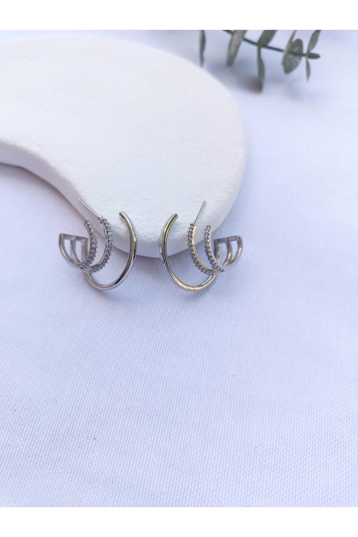Silver Zirkon Taş Çoklu Görünüm Çivi Küpe