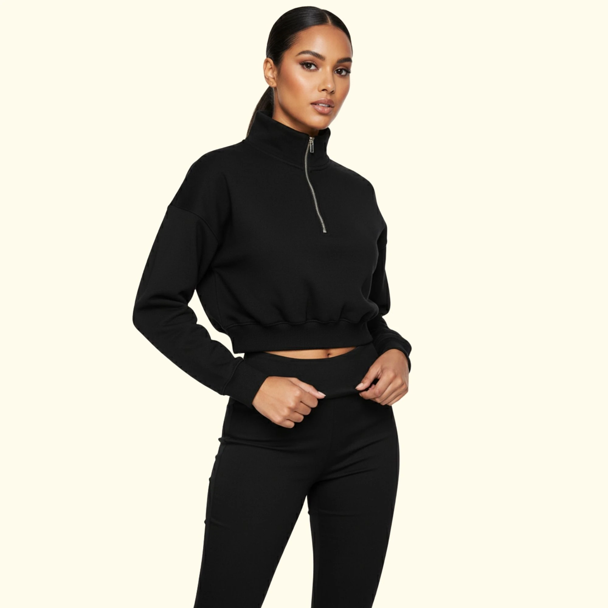 Basic Fermuarlı Crop Sweatshirt - Siyah