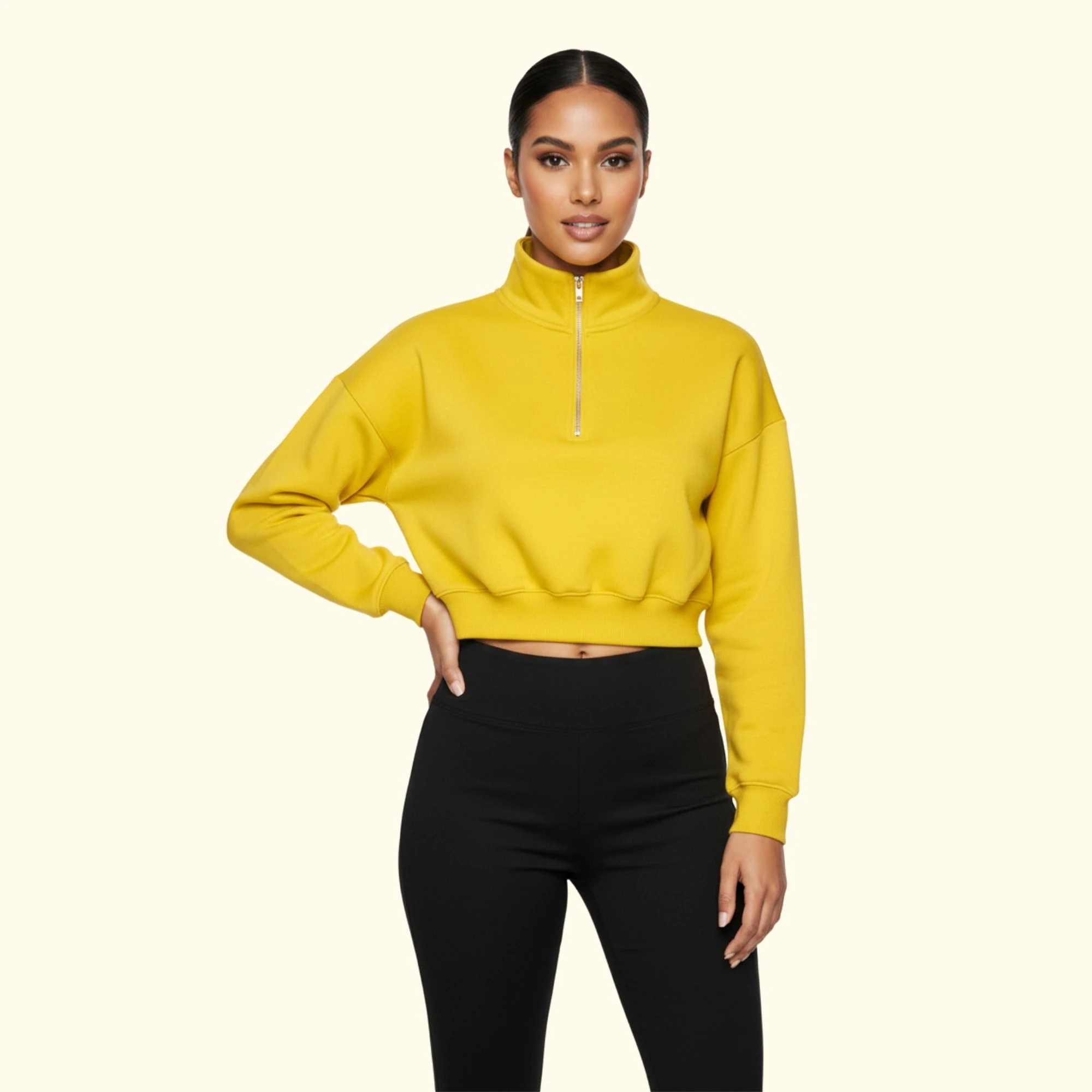 Basic Fermuarlı Crop Sweatshirt - Sarı