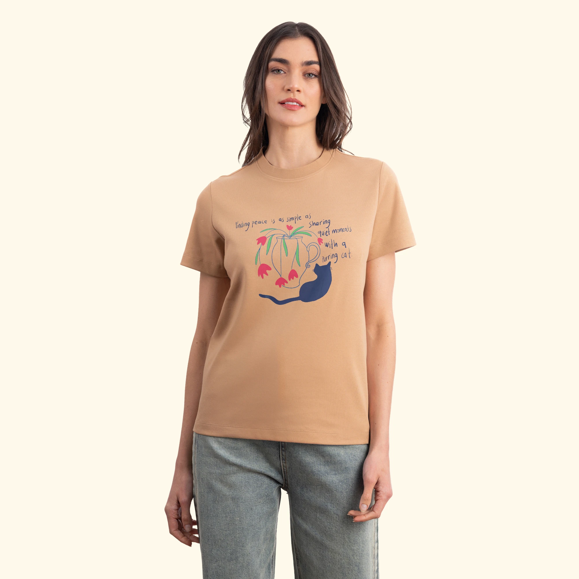 Cat Regular Açık Kahve T-Shirt