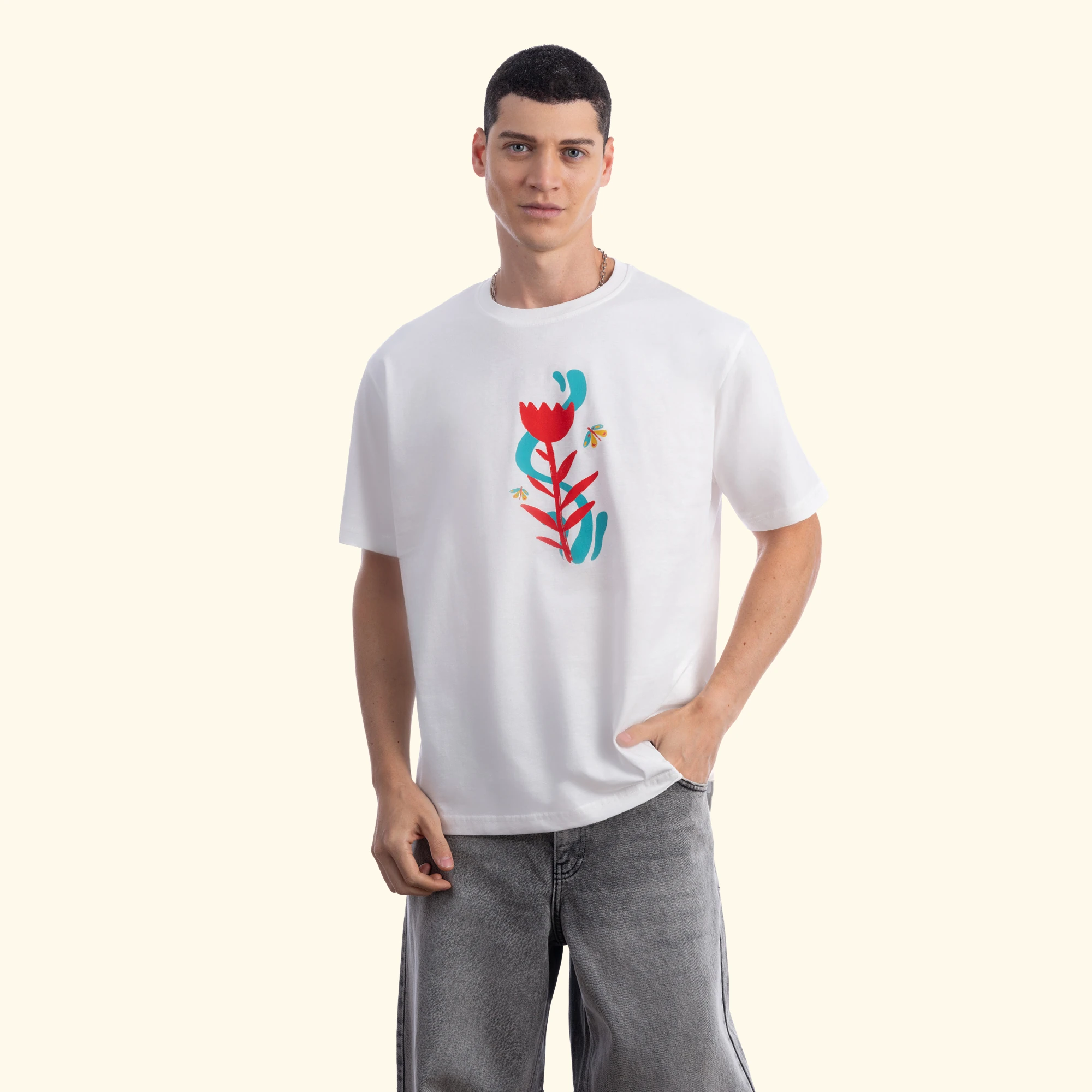 Butterfly Oversize Ekru T-Shirt