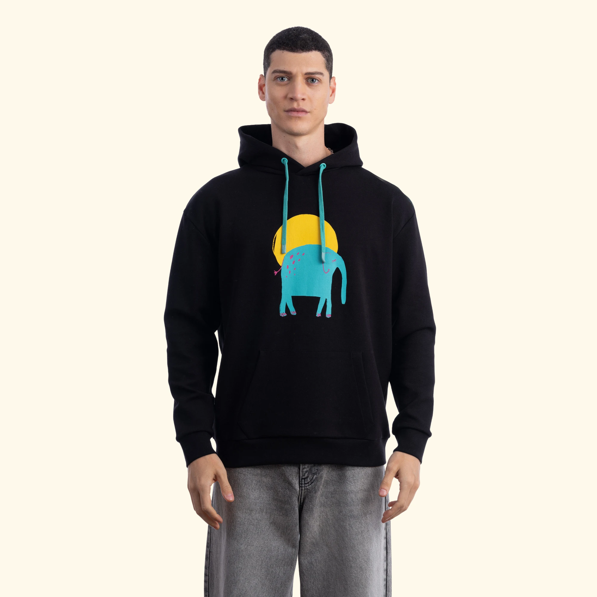 Elephant Kapüşonlu Siyah Sweatshirt