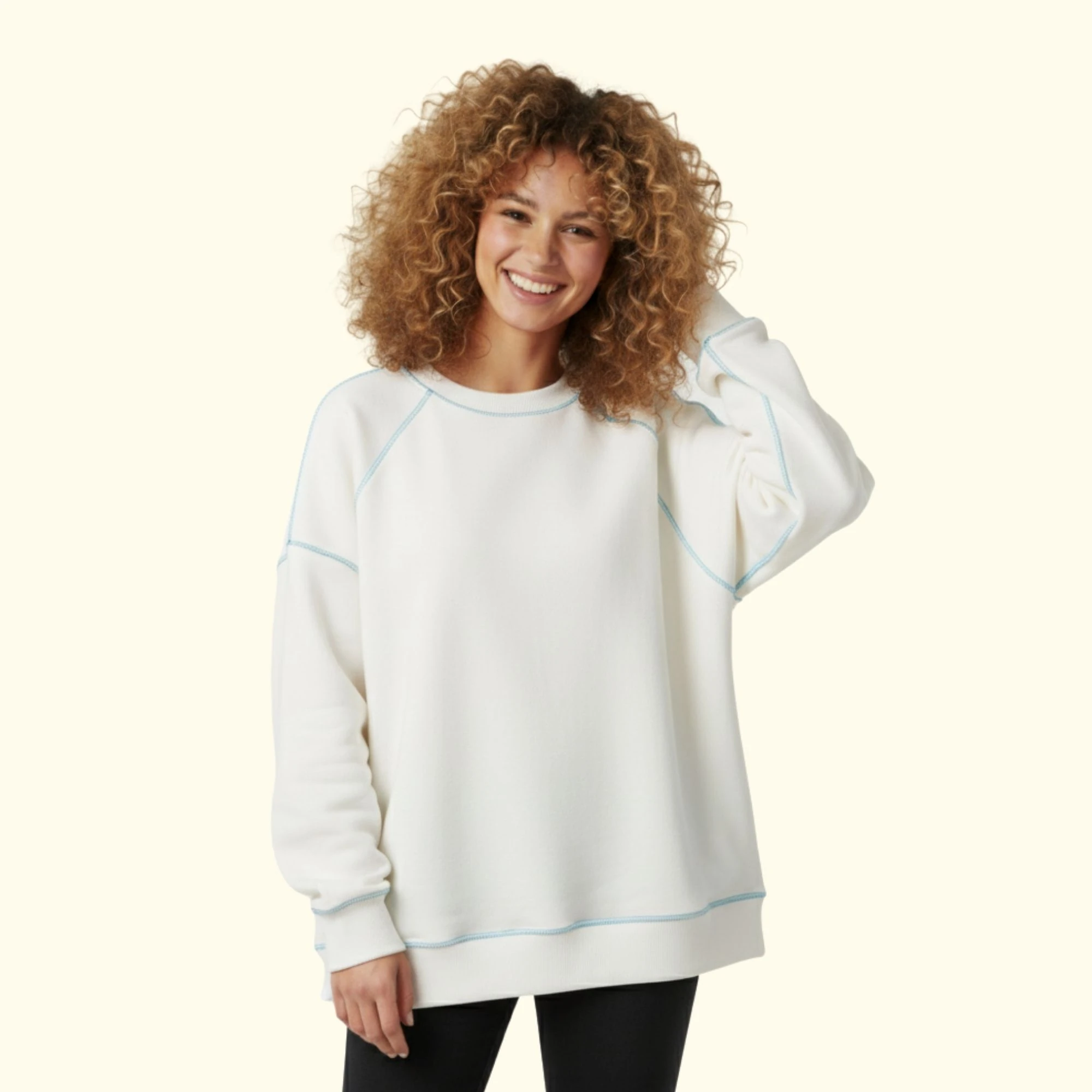Basic Dikişli Oversize Sweatshirt - Beyaz-Mavi