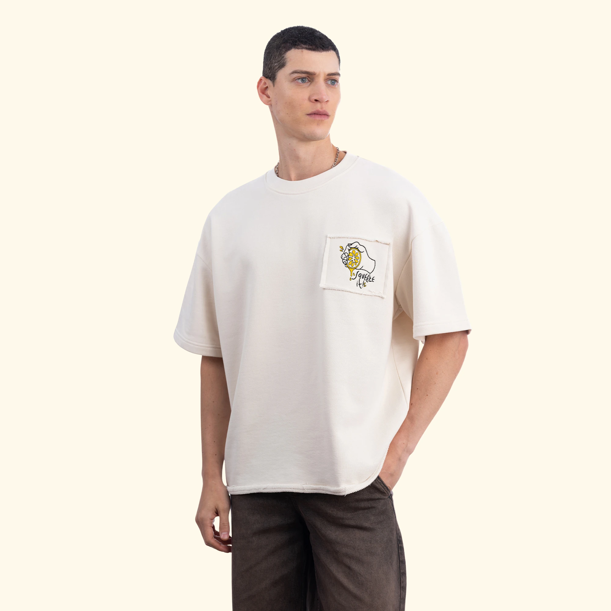 Lemon Nakış Oversize Ekru T-Shirt