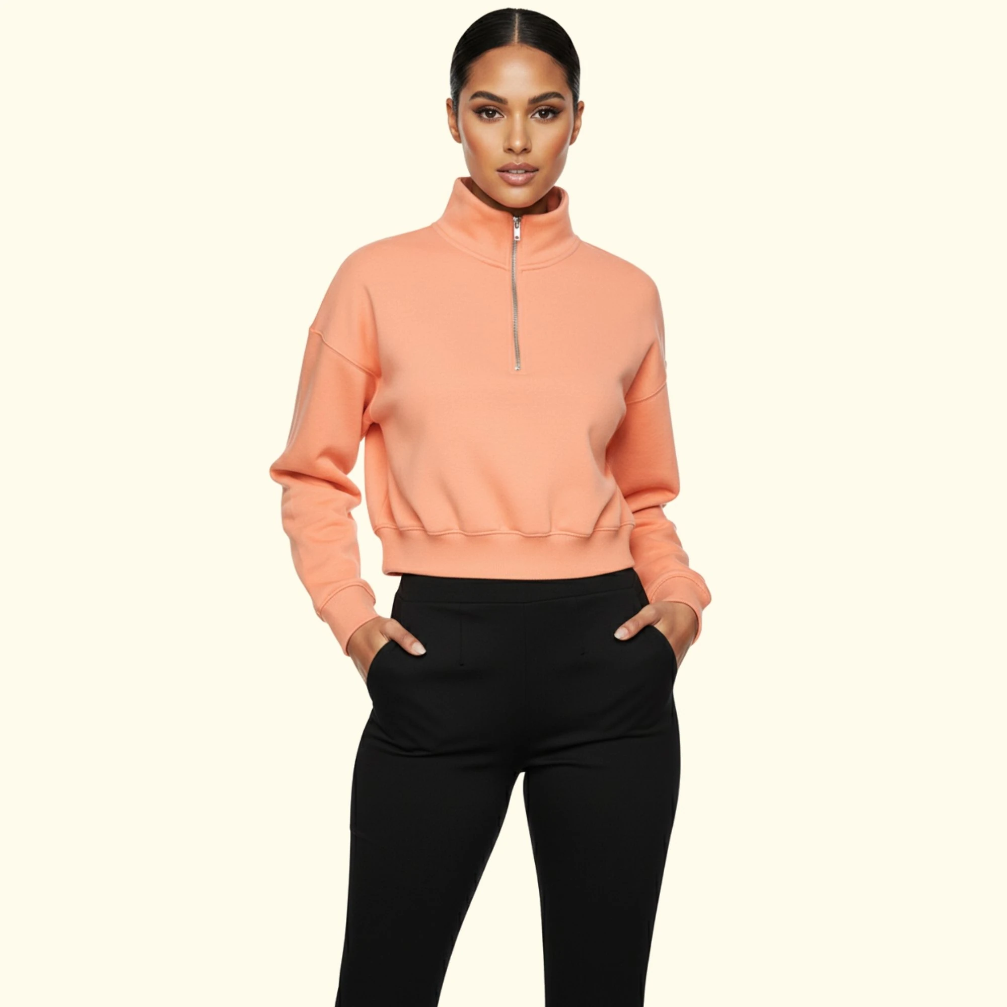 Basic Fermuarlı Crop Sweatshirt - Somon