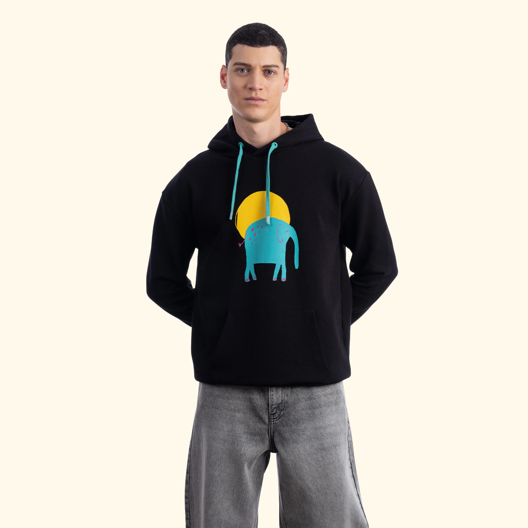 Elephant Kapüşonlu Siyah Sweatshirt