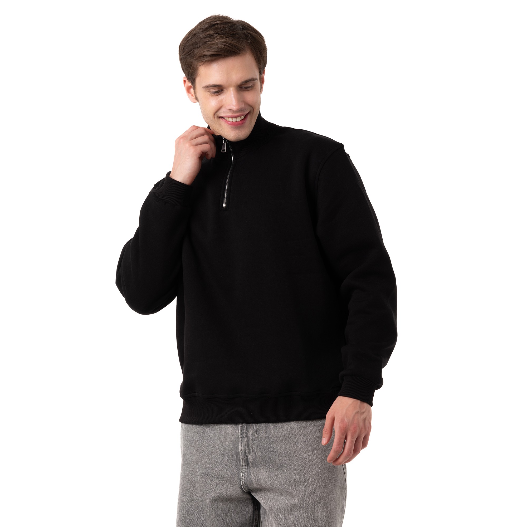 Yarım Fermuarlı Sweatshirt - Siyah