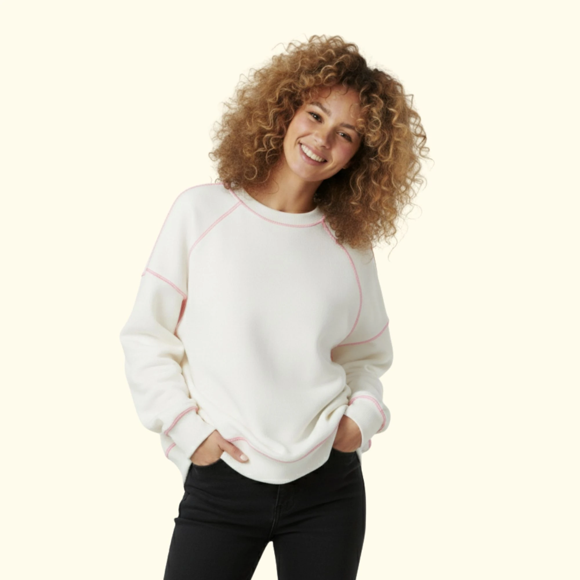 Basic Dikişli Oversize Sweatshirt - Beyaz-Pembe