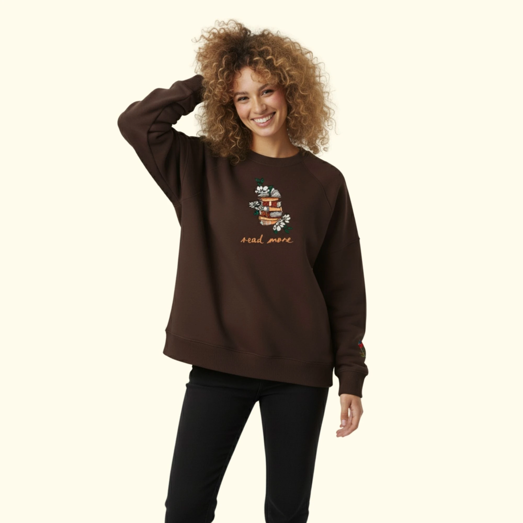 Books Nakış Detaylı Oversize Kahverengi Sweatshirt