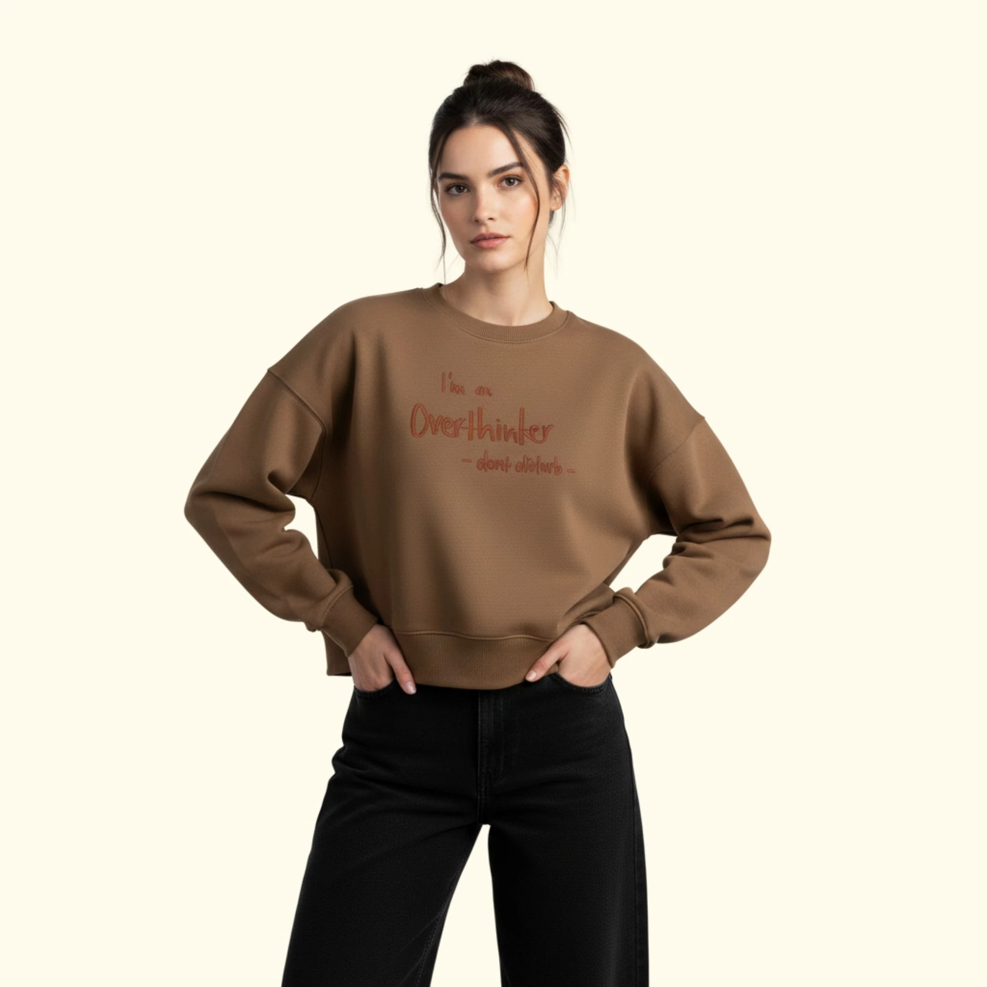 Overthinker Crop Oversize Nakış Detaylı Sweatshirt