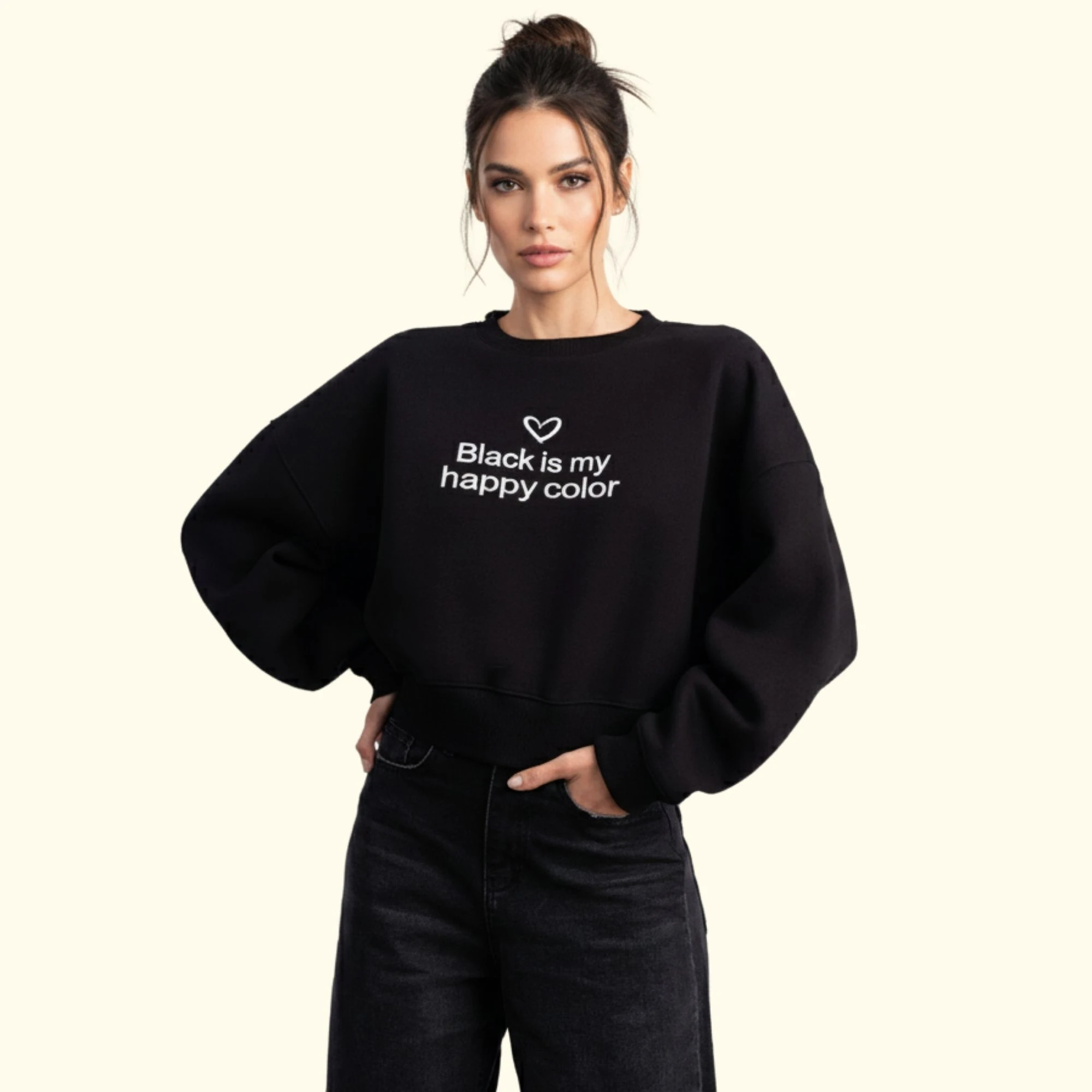 Black Crop Oversize Nakış Detaylı Sweatshirt