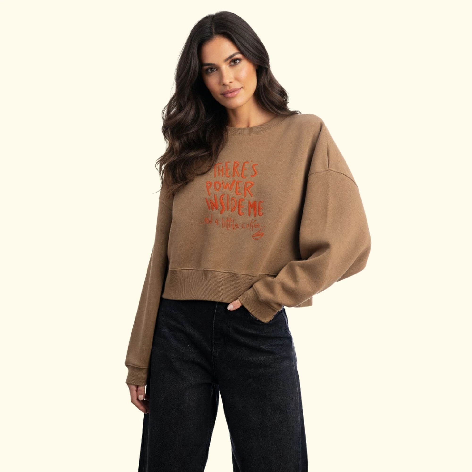 Power Crop Oversize Nakış Detaylı Sweatshirt