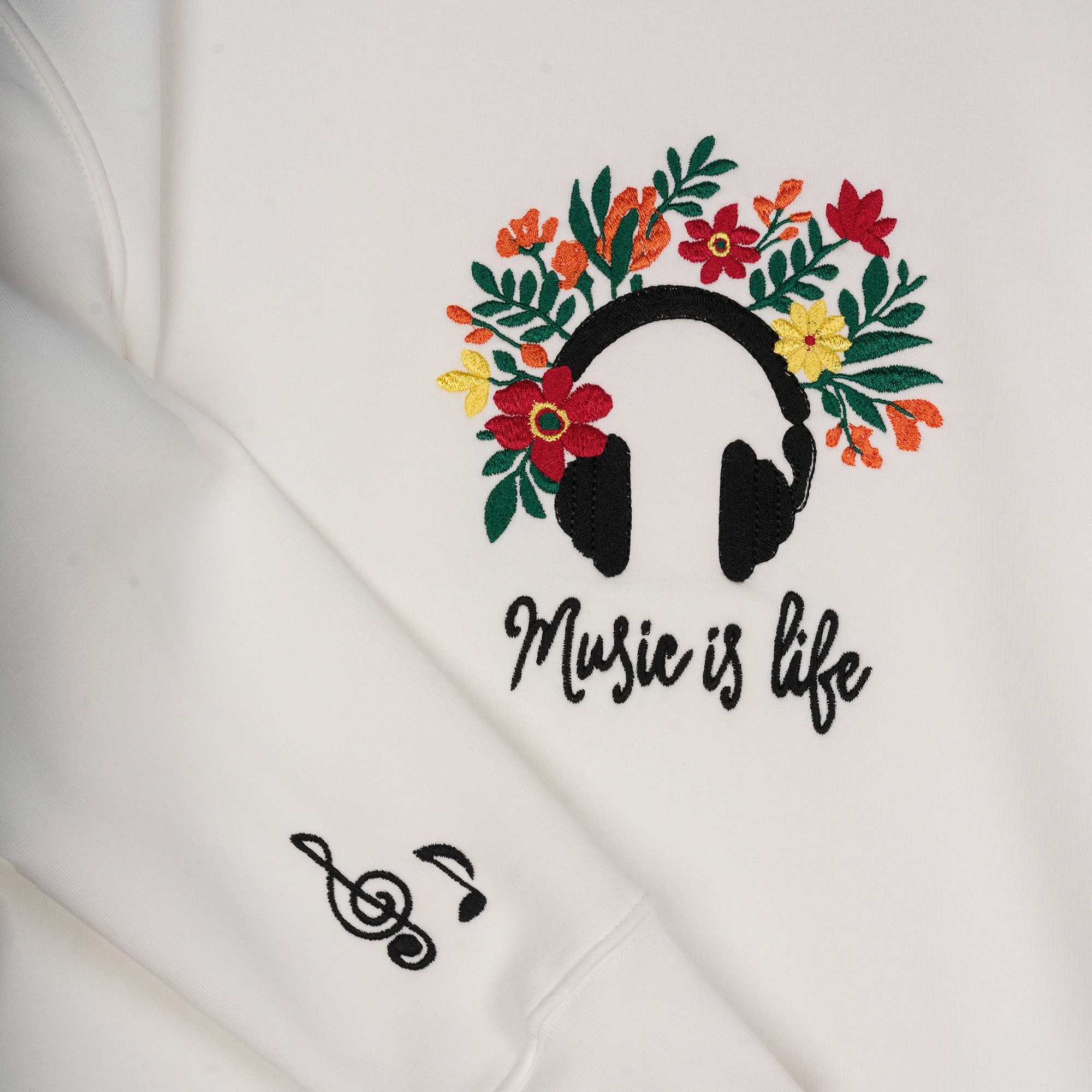 Music Nakış Detaylı Oversize Beyaz Sweatshirt
