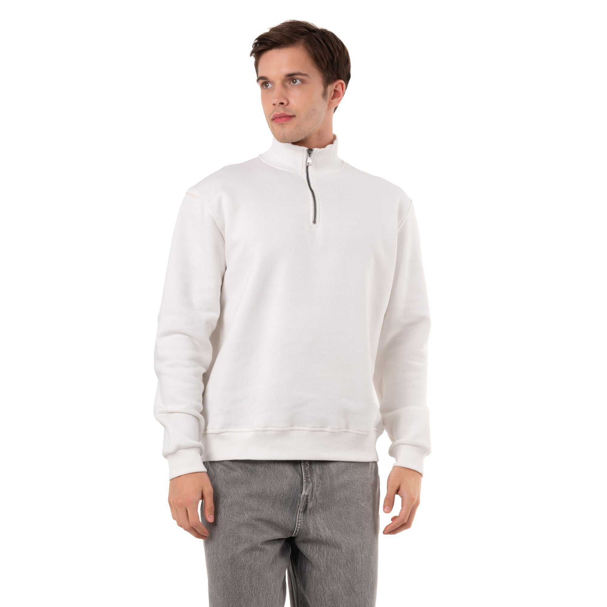 Yarım Fermuarlı Sweatshirt - Ekru