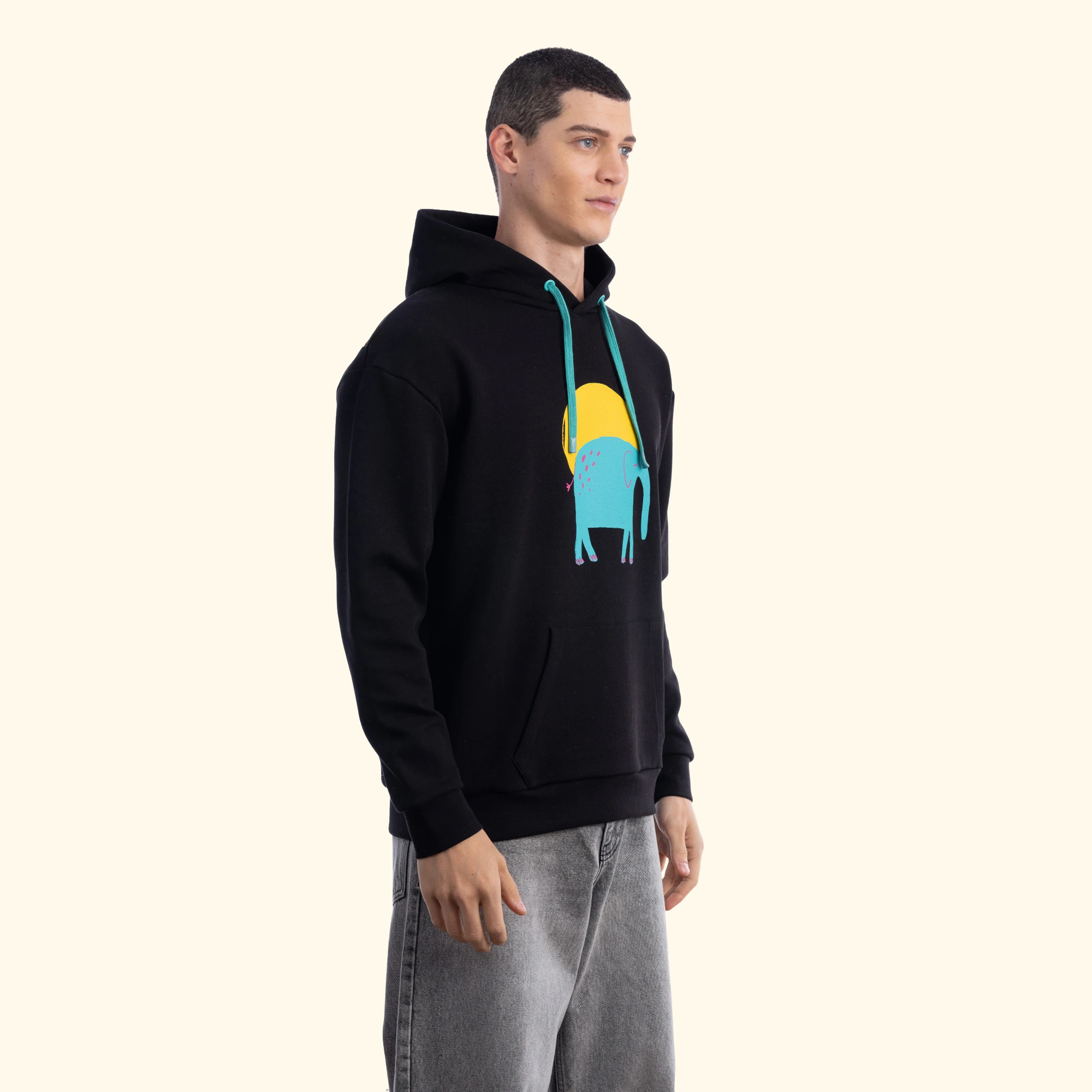 Elephant Kapüşonlu Siyah Sweatshirt