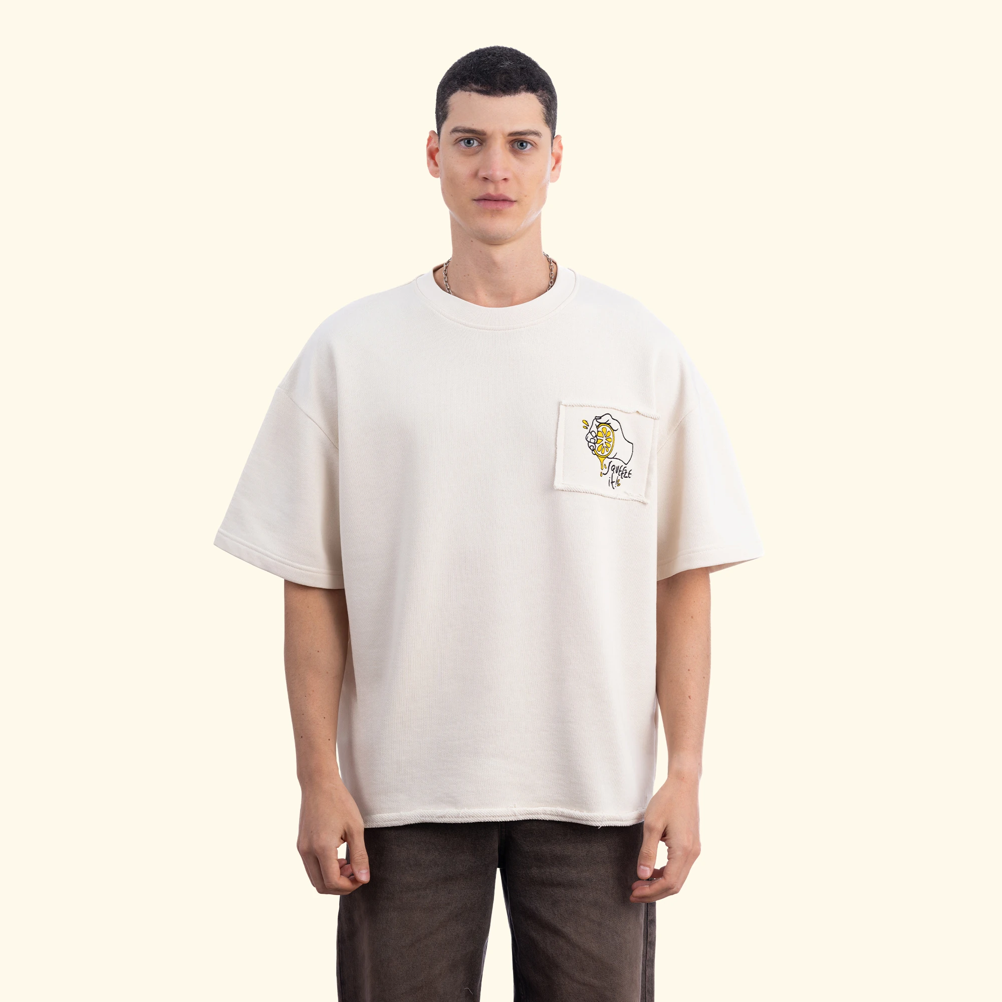 Lemon Nakış Oversize Ekru T-Shirt