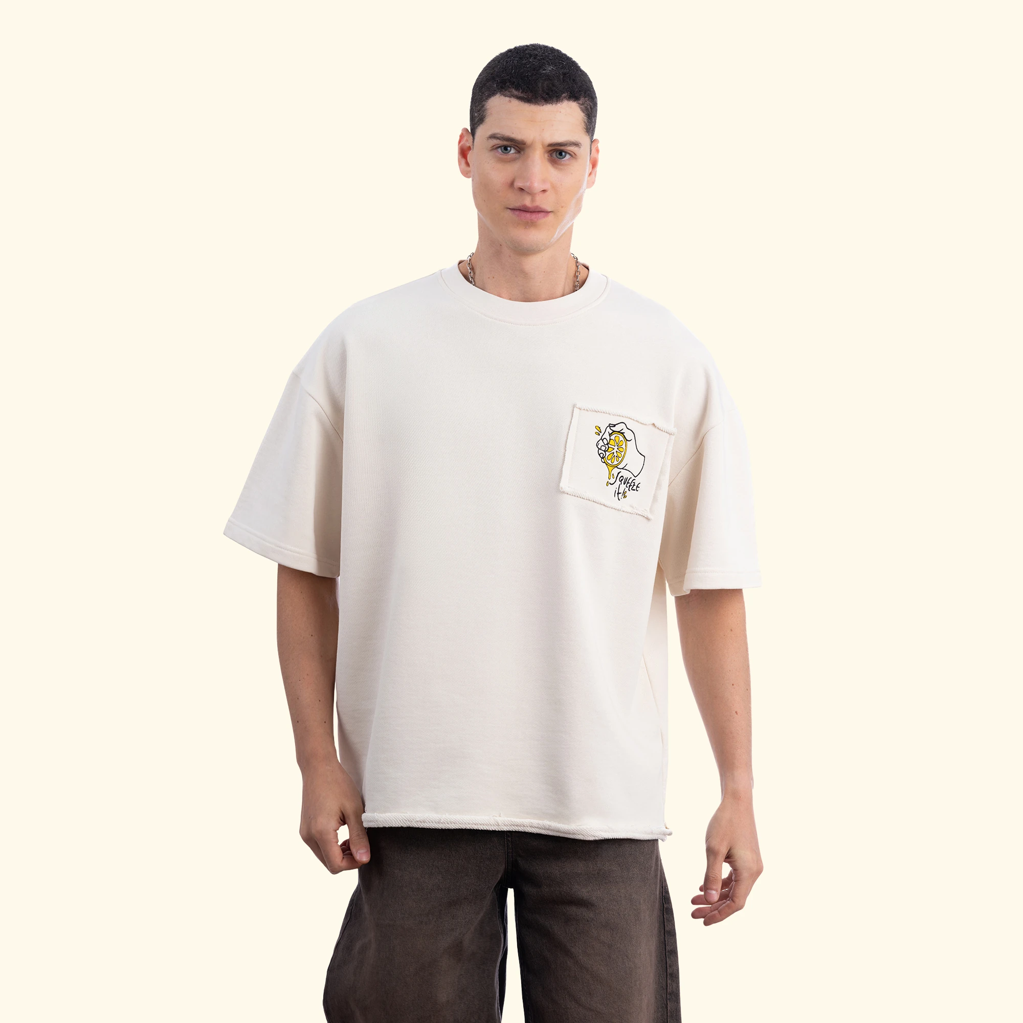 Lemon Nakış Oversize Ekru T-Shirt