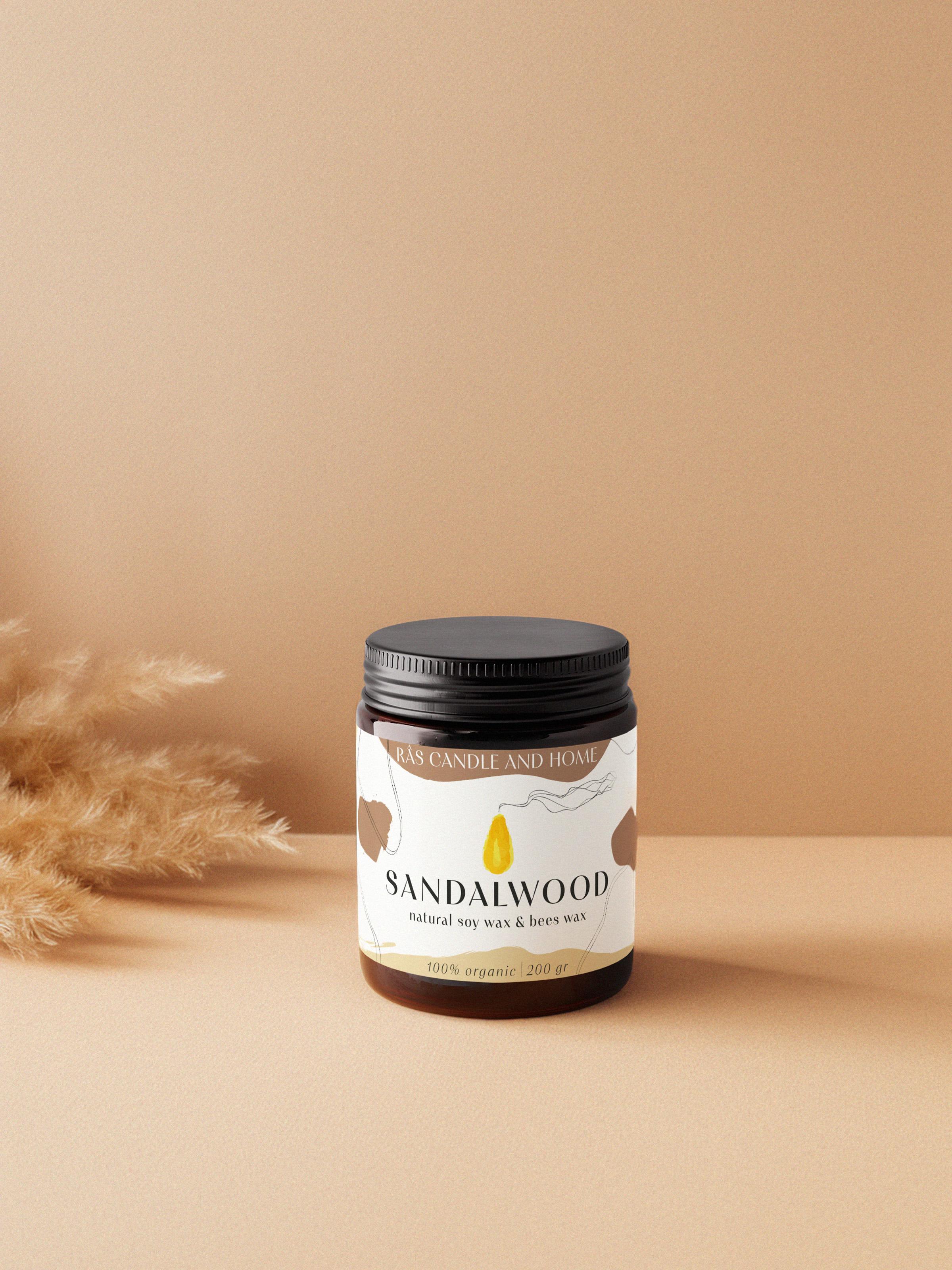 Sandalwood 200g-Doğal Soya & Bal Mumu - Amber Renkli Cam Kavanoz