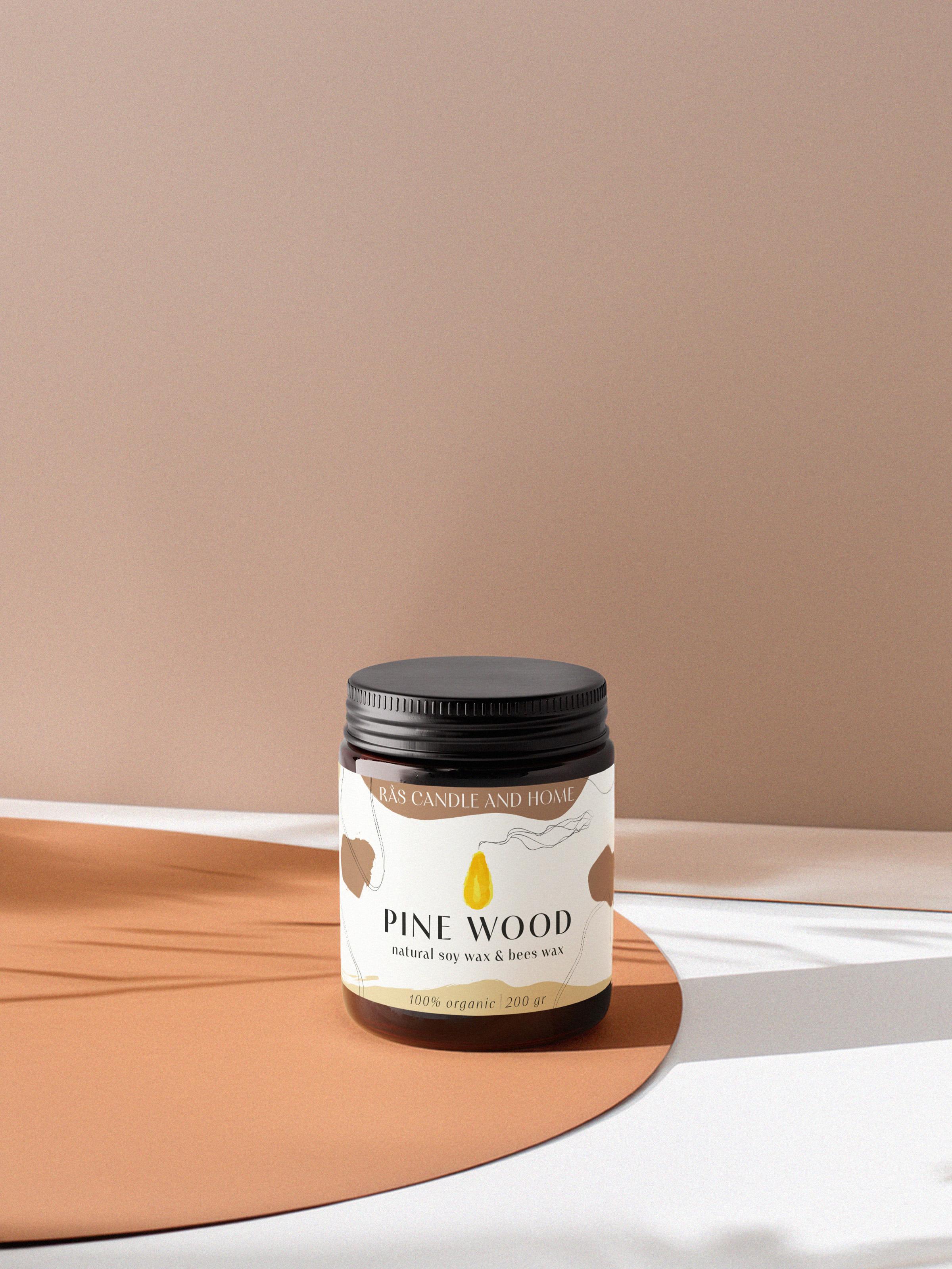 Pine Wood 200g-Doğal Soya & Bal Mumu - Amber Renkli Cam Kavanoz