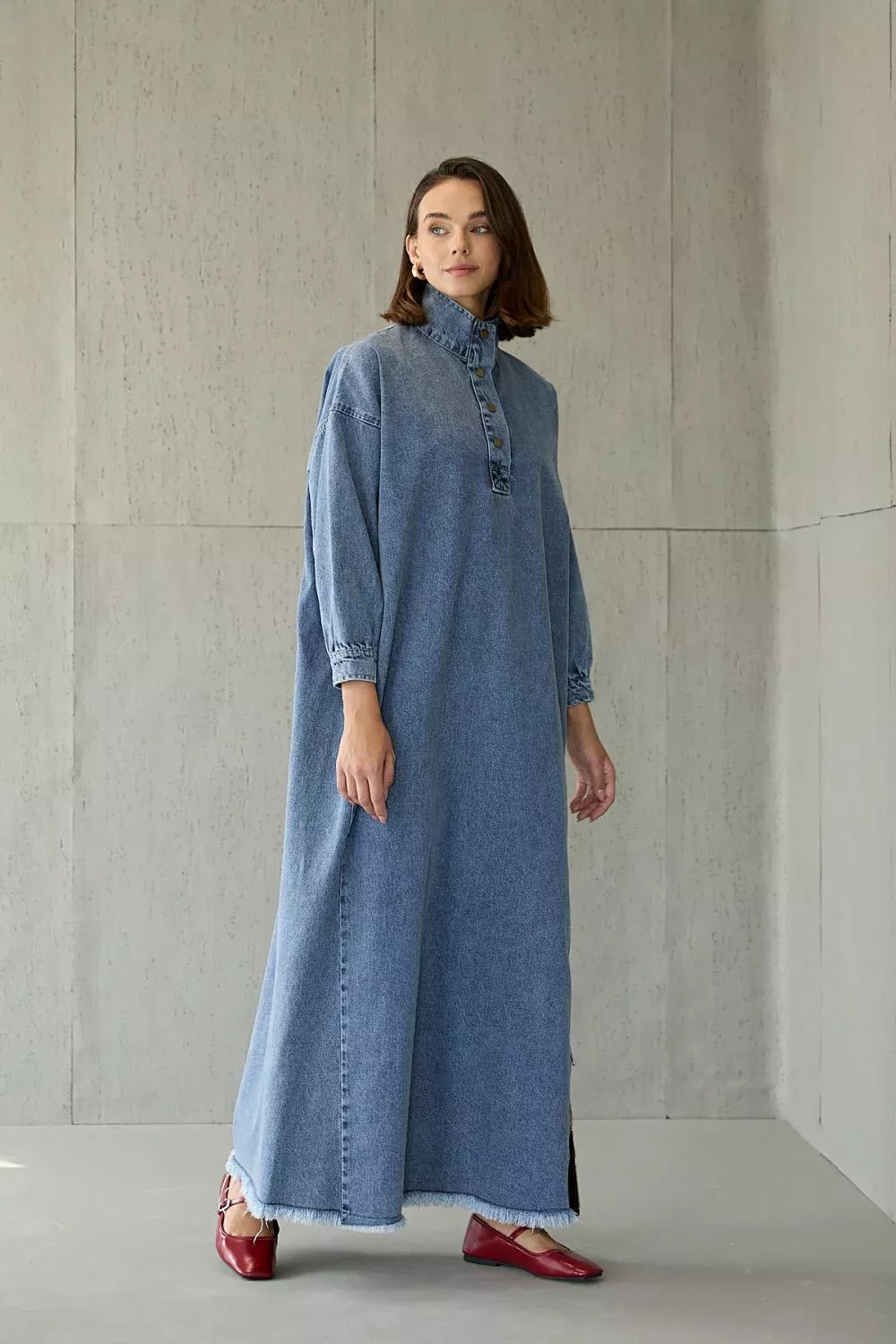 Jean Yan Fermuarlı Denim Elbise