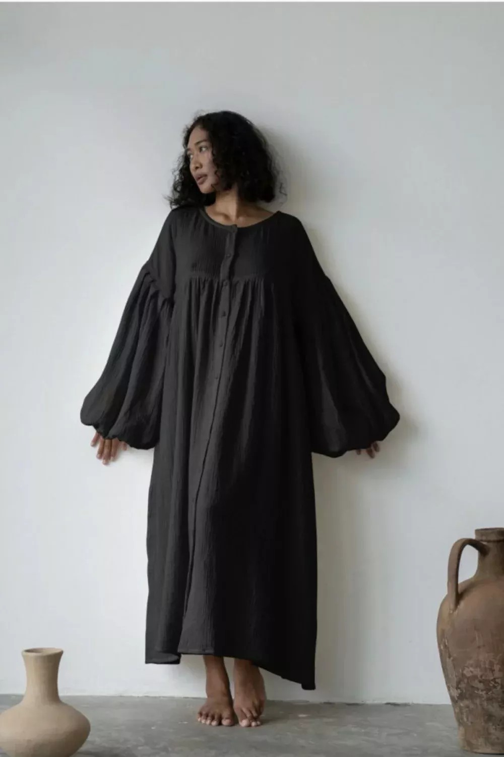 Giy Çık Oversize Müslin Elbise - Siyah