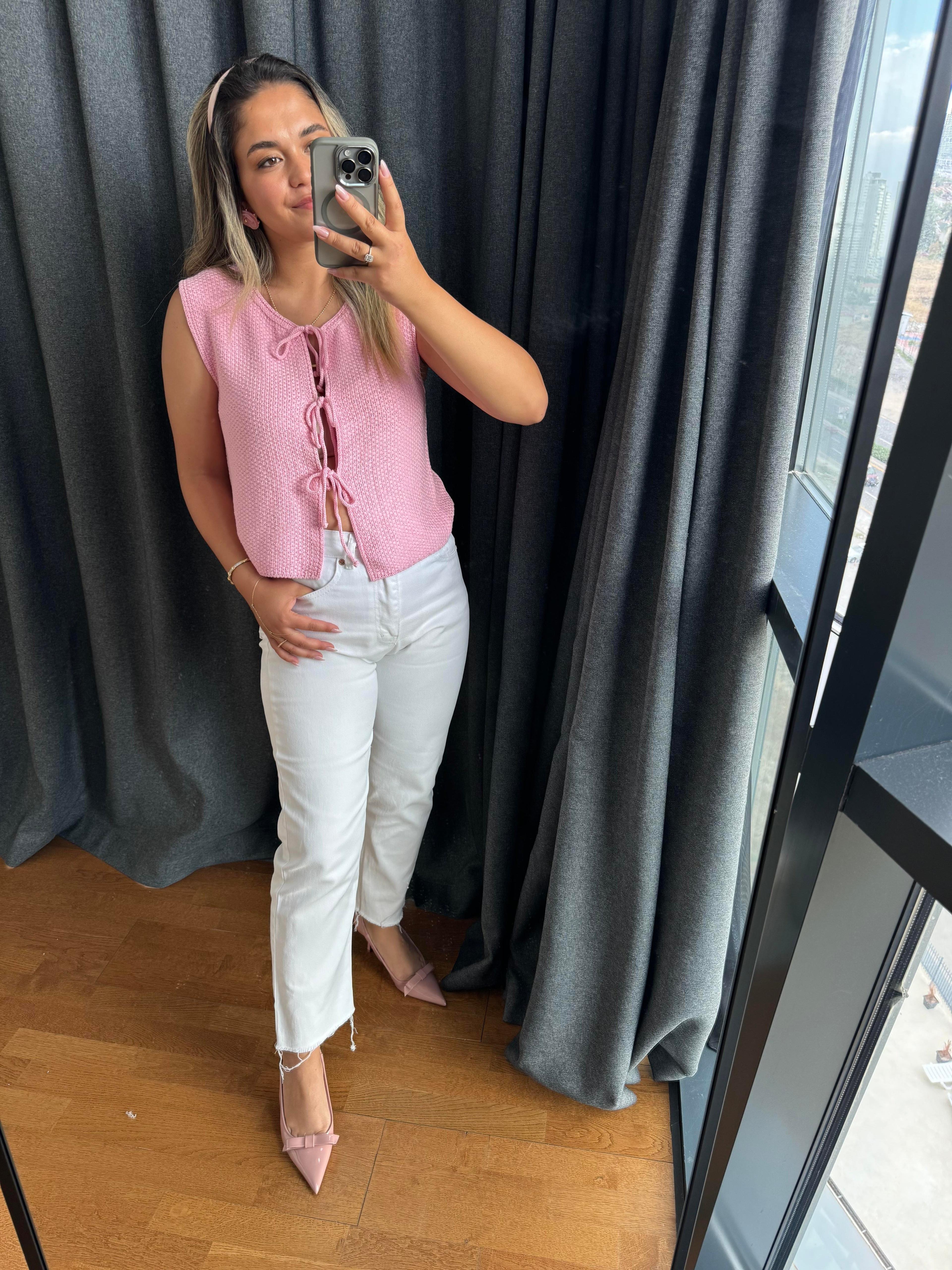 Önden Bağlamalı Yelek Pembe