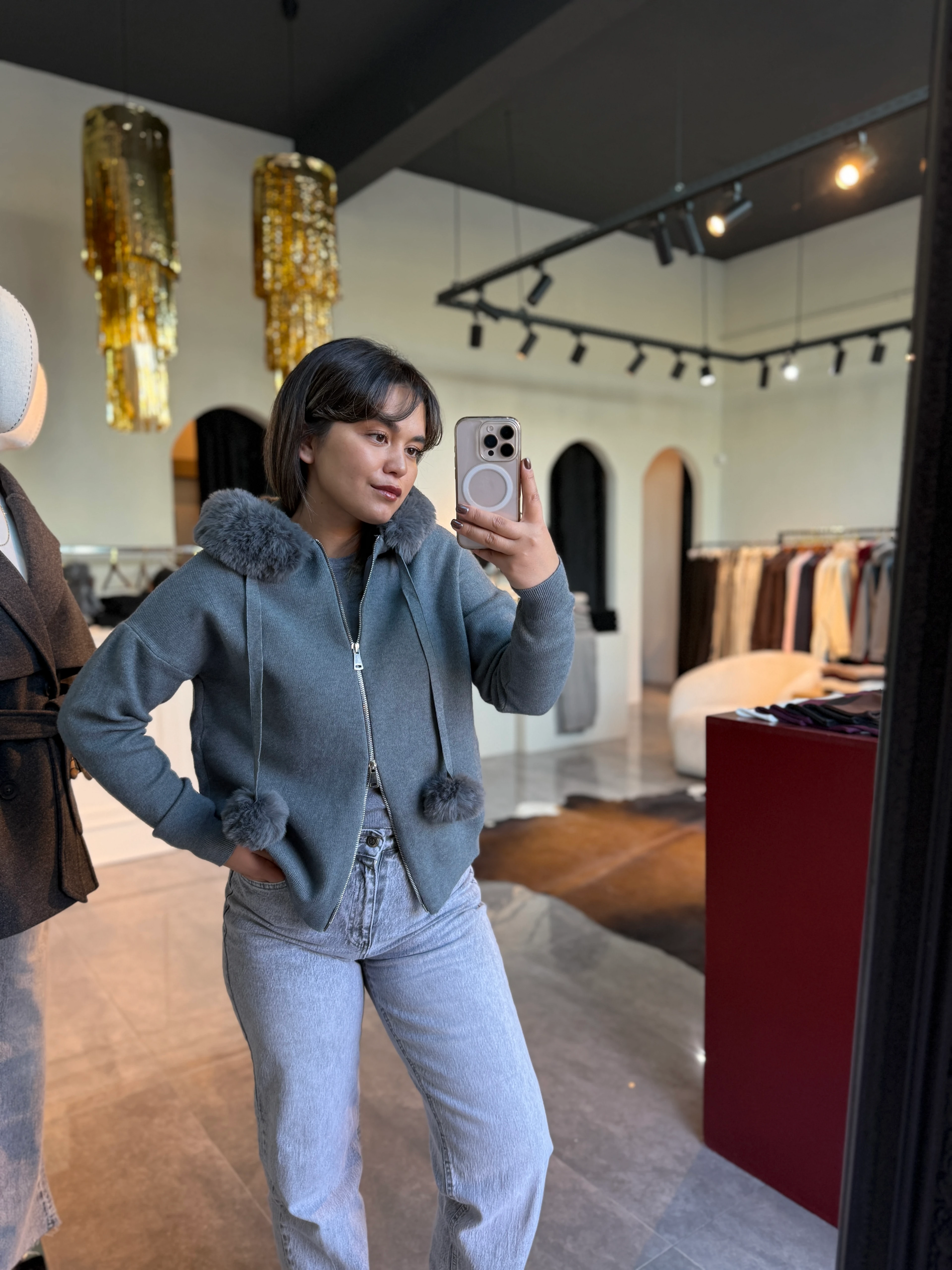 Kürklü Kapişonlu Hırka - Gri