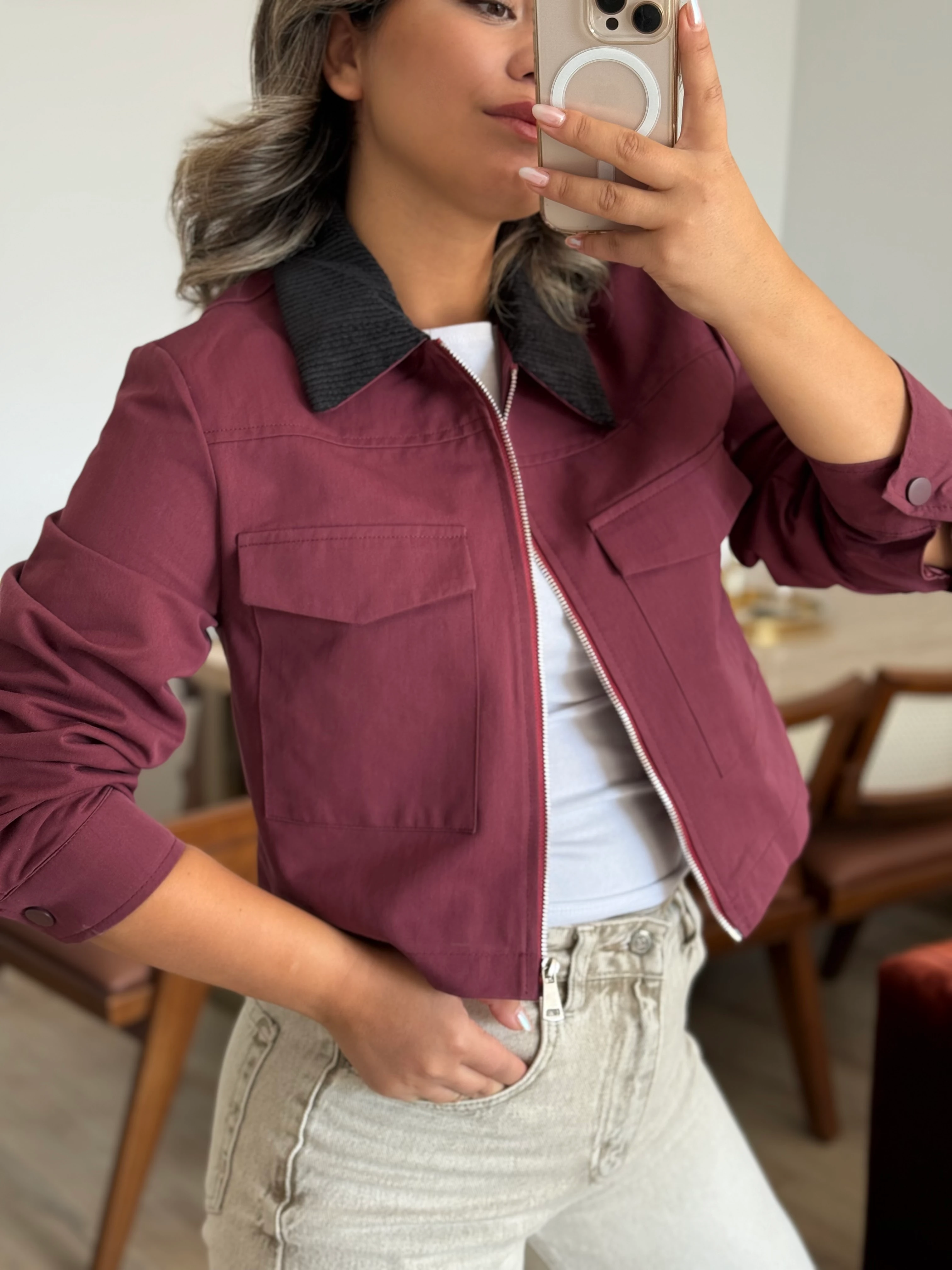 Kadife Yaka Crop Ceket 