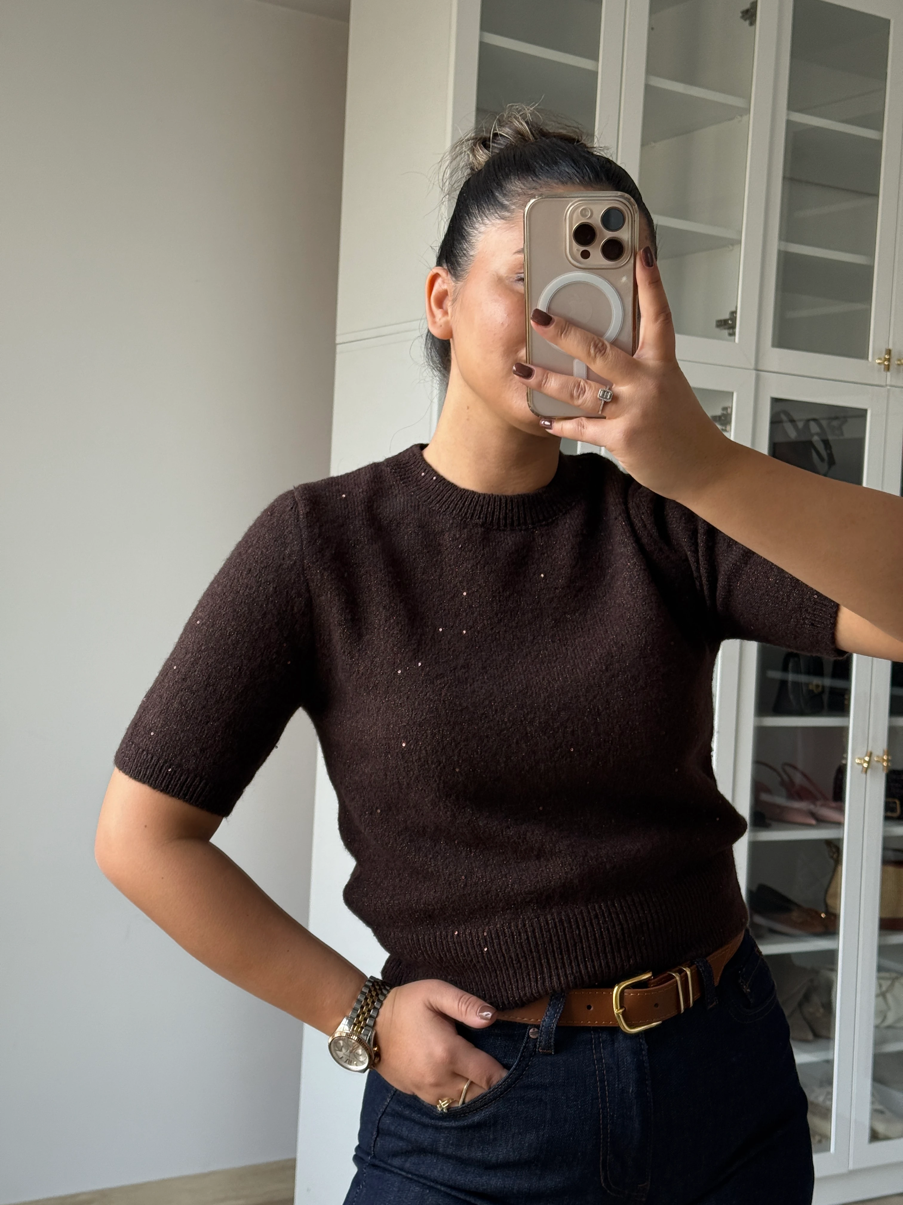 Bisiklet Yaka Pullu Simli Triko Kazak 