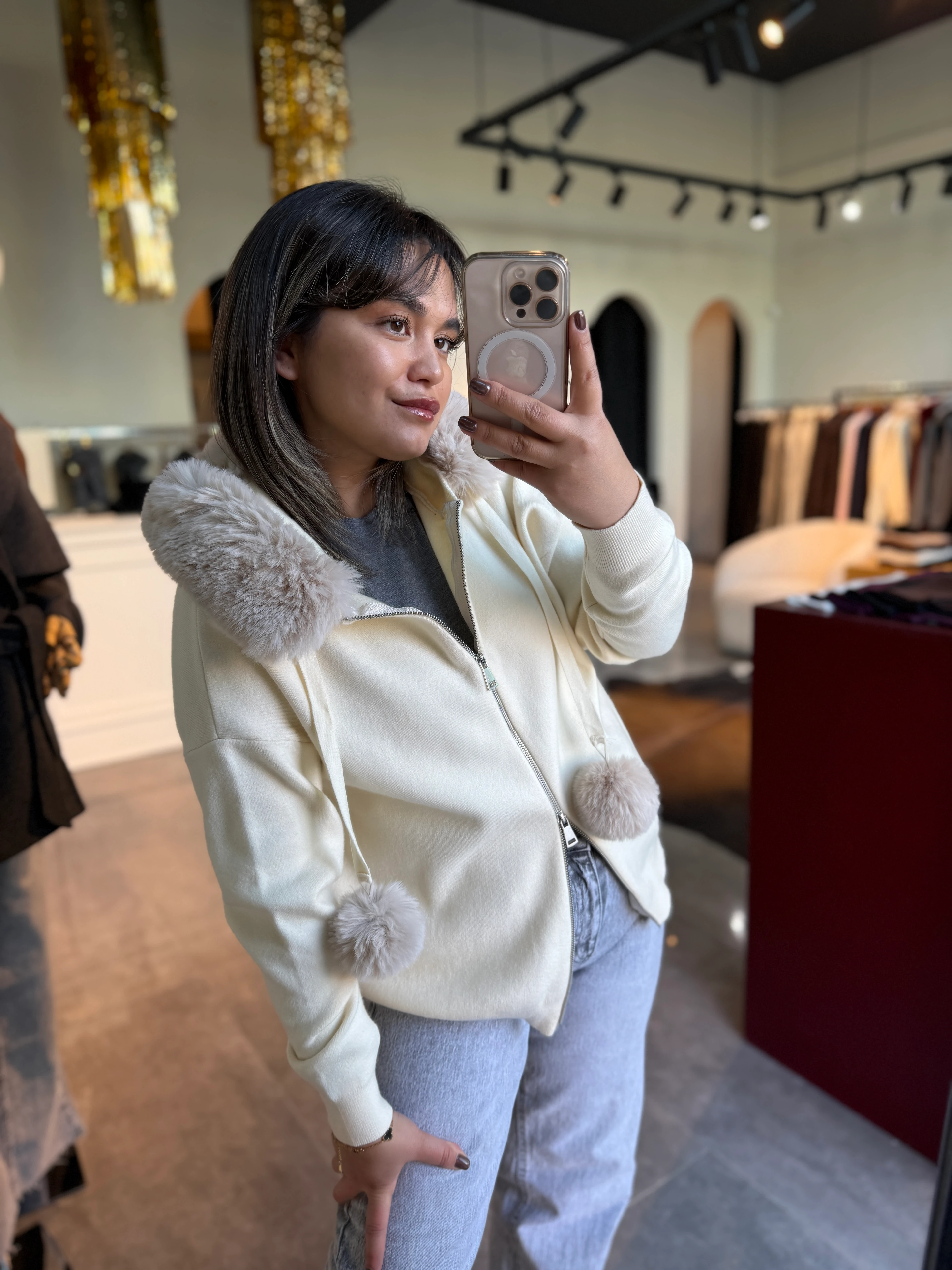 Kürklü Kapişonlu Hırka - Ekru