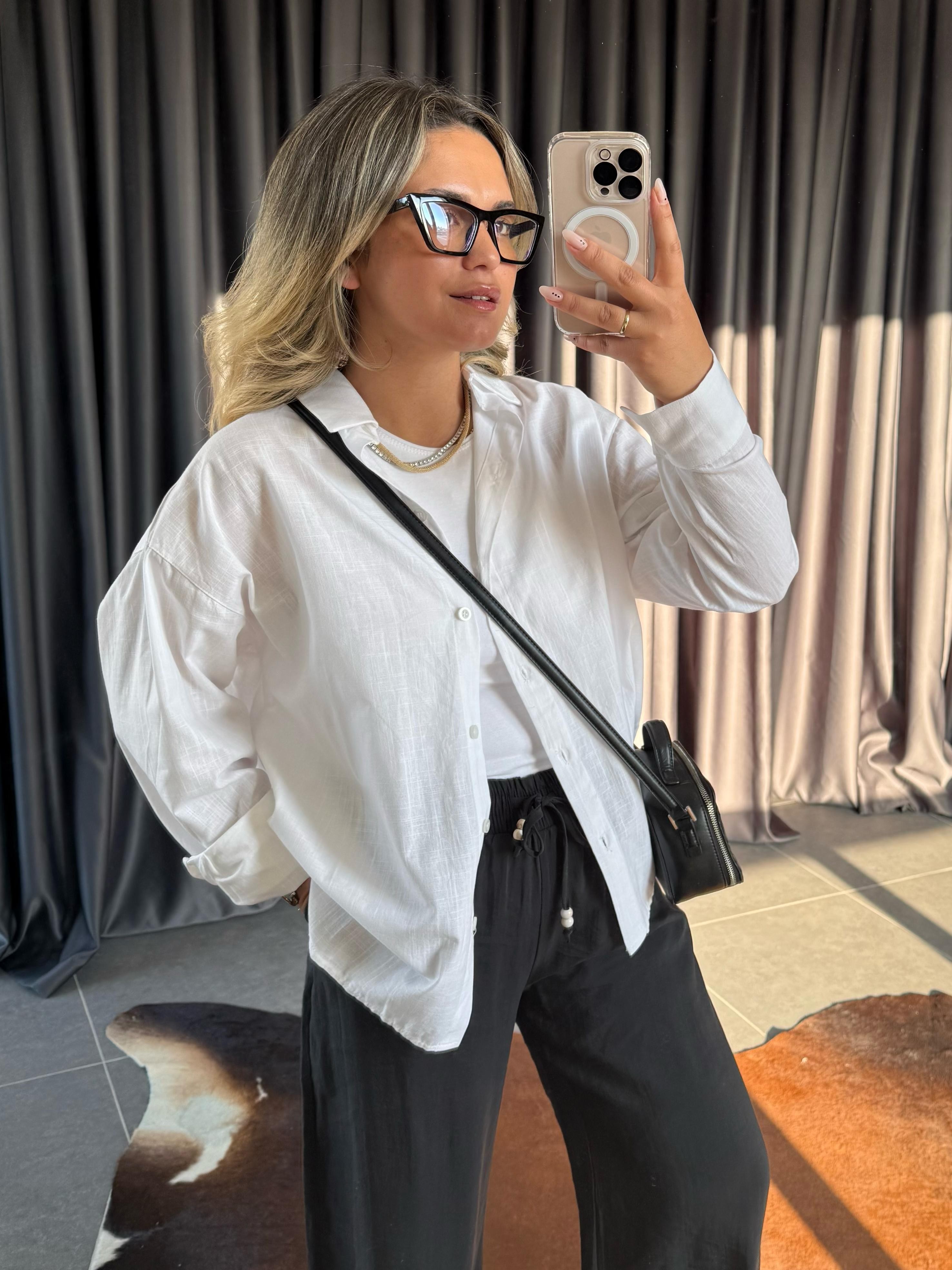 Flam Keten Oversize Gömlek Beyaz
