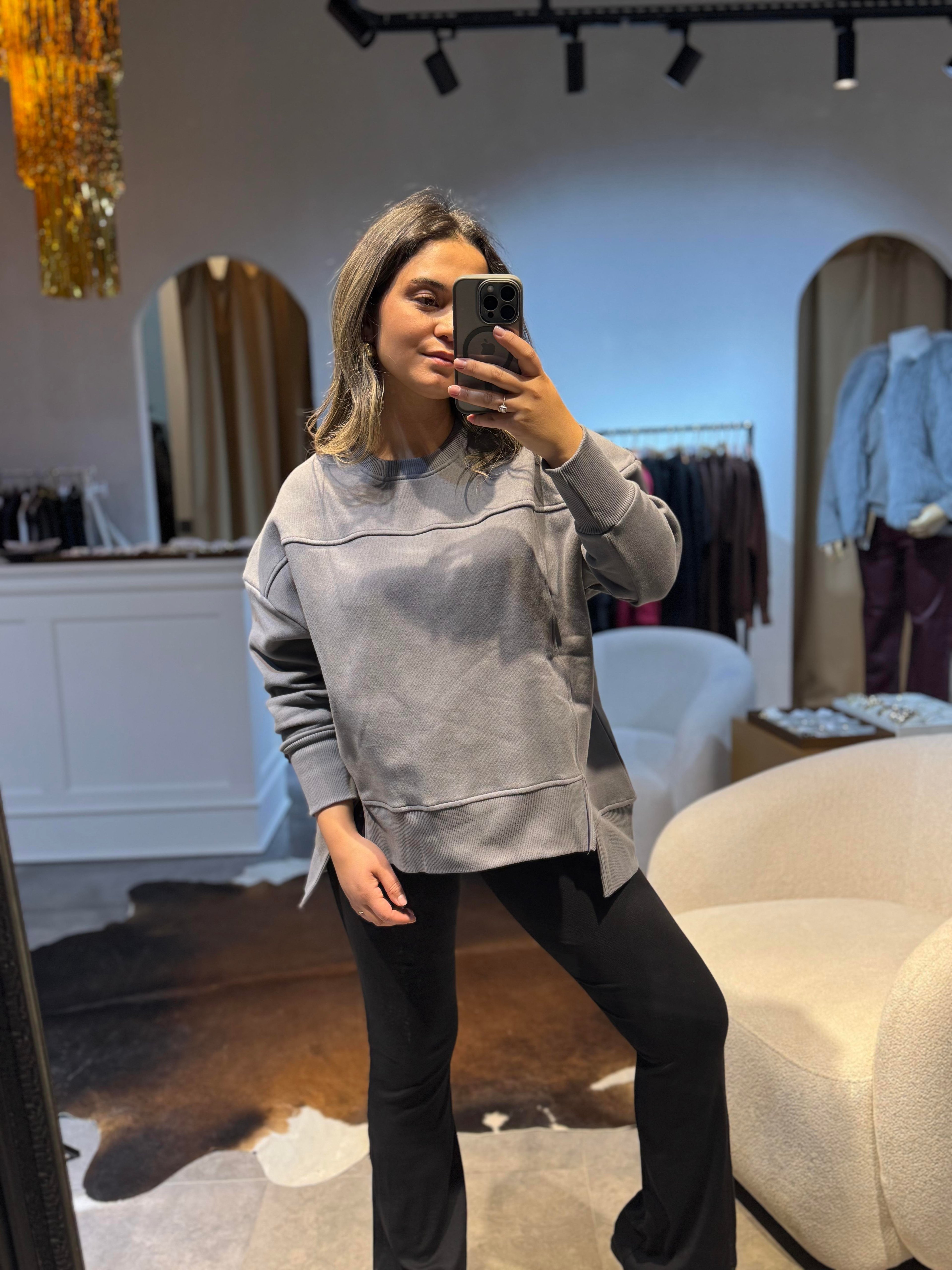 Geniş Ribanalı Sweat Gri
