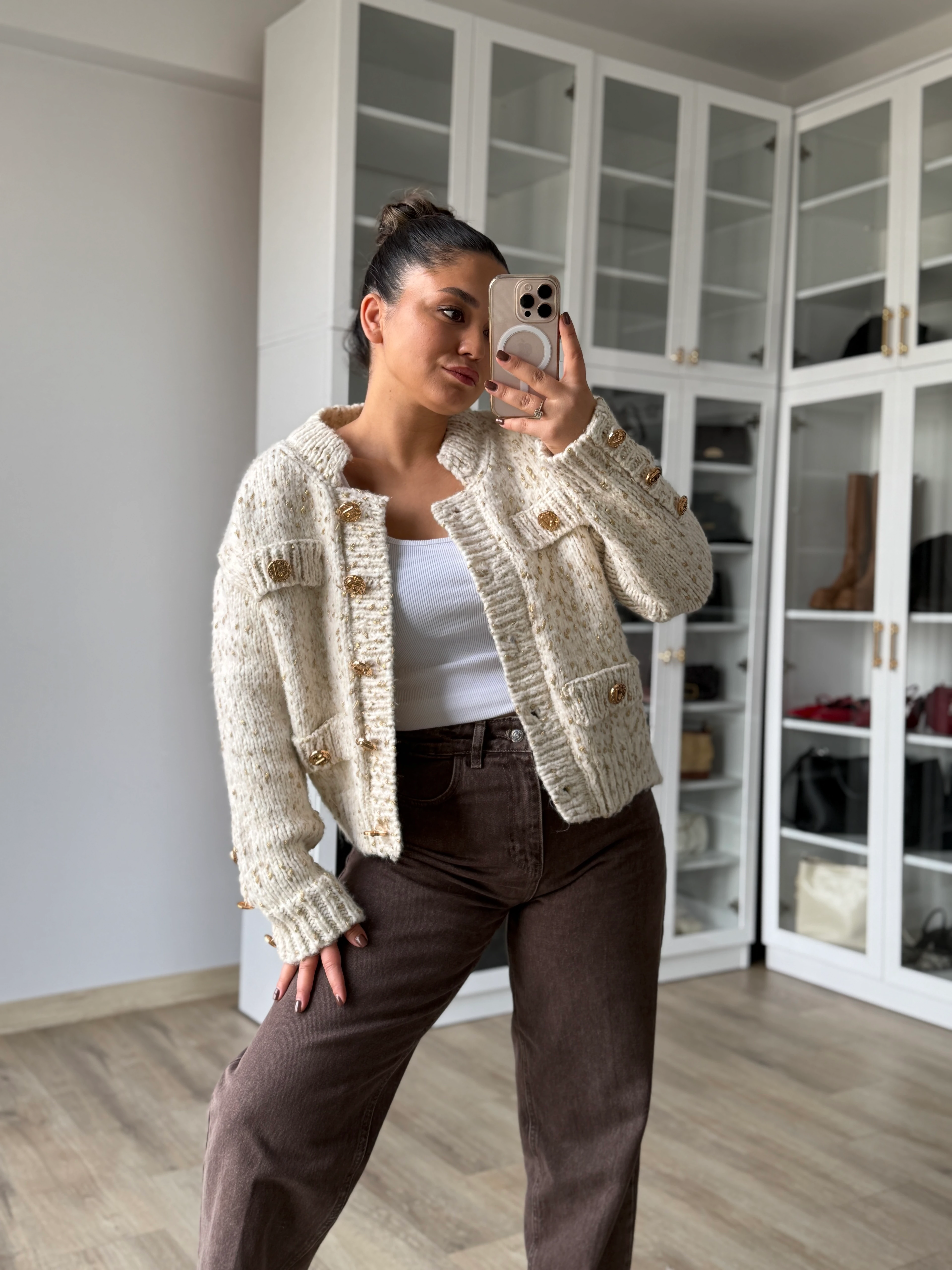 Gold Geçişli Hırka - Ekru