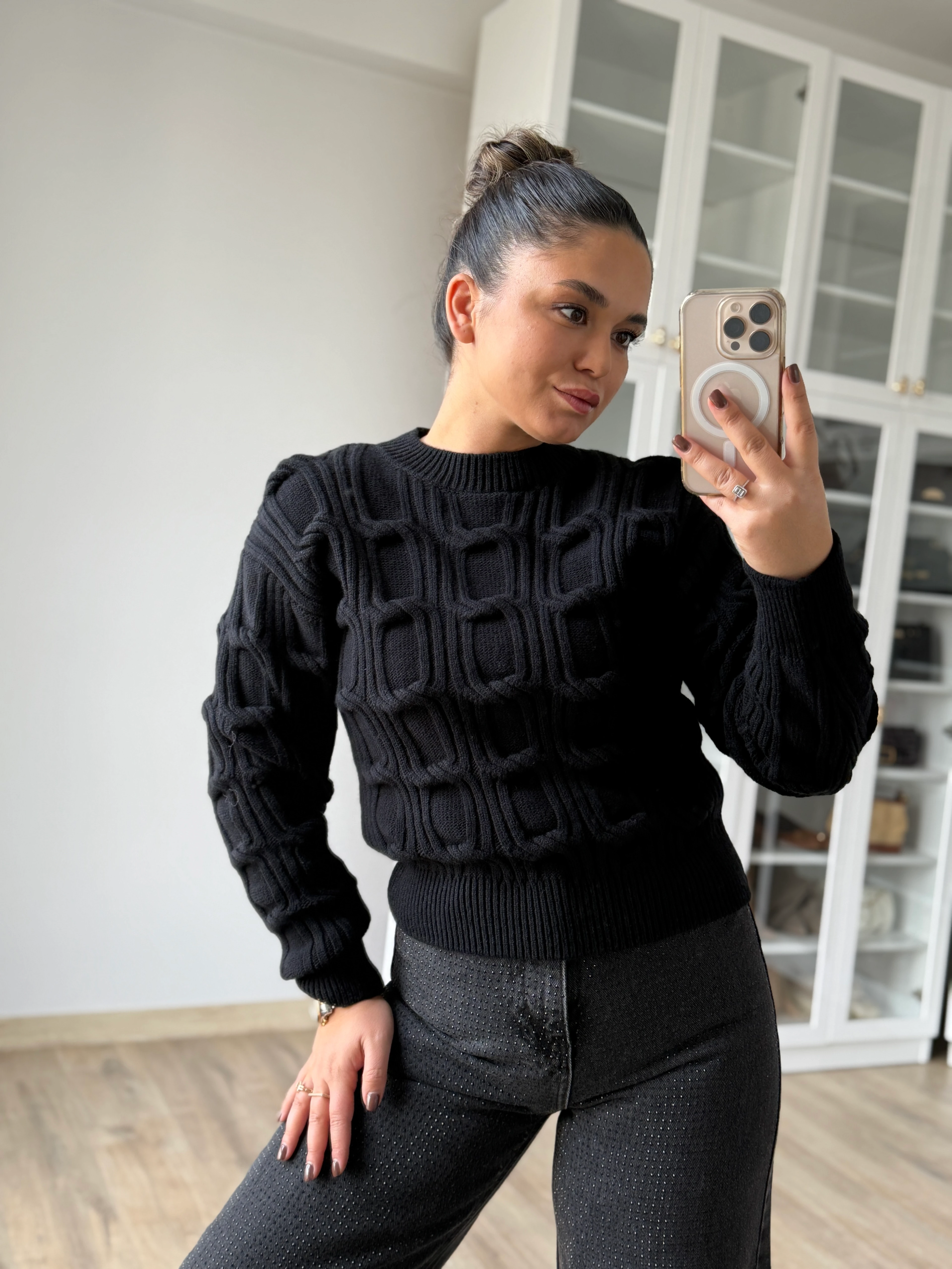 Bisiklet Yaka Örgü Detaylı Triko Kazak 