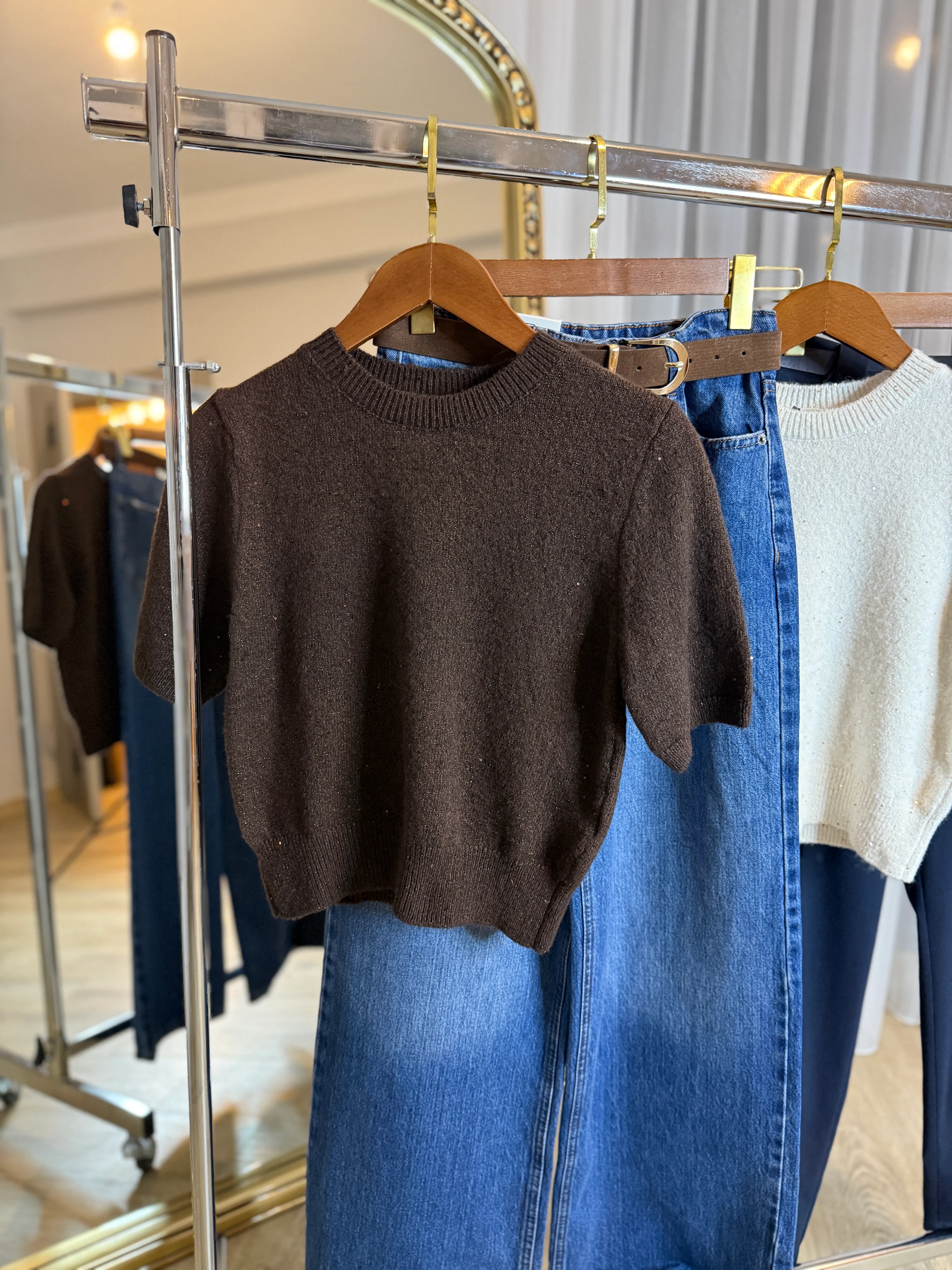 Bisiklet Yaka Pullu Simli Triko Kazak 