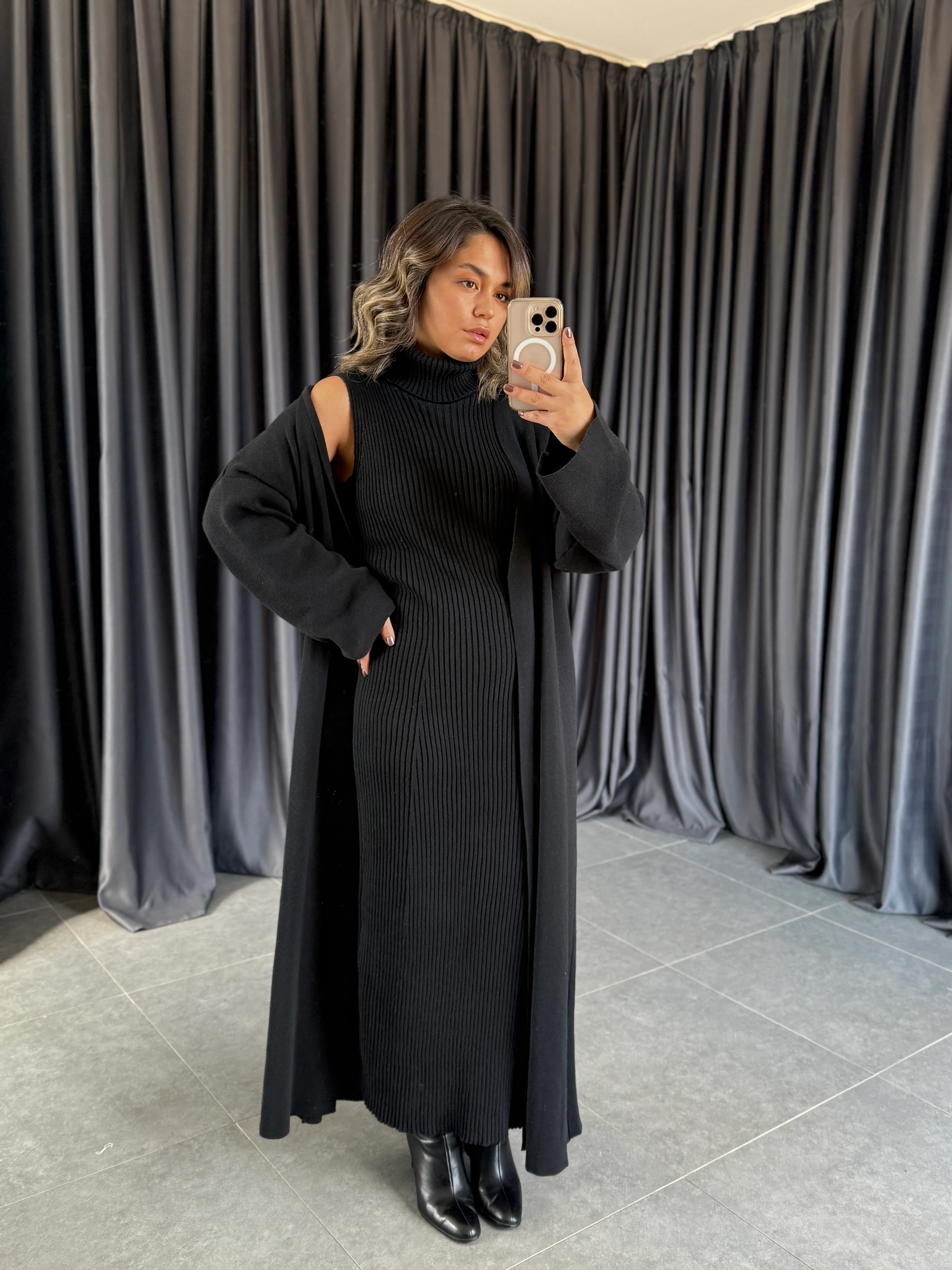 Triko Elbise Hırka Takım - Siyah