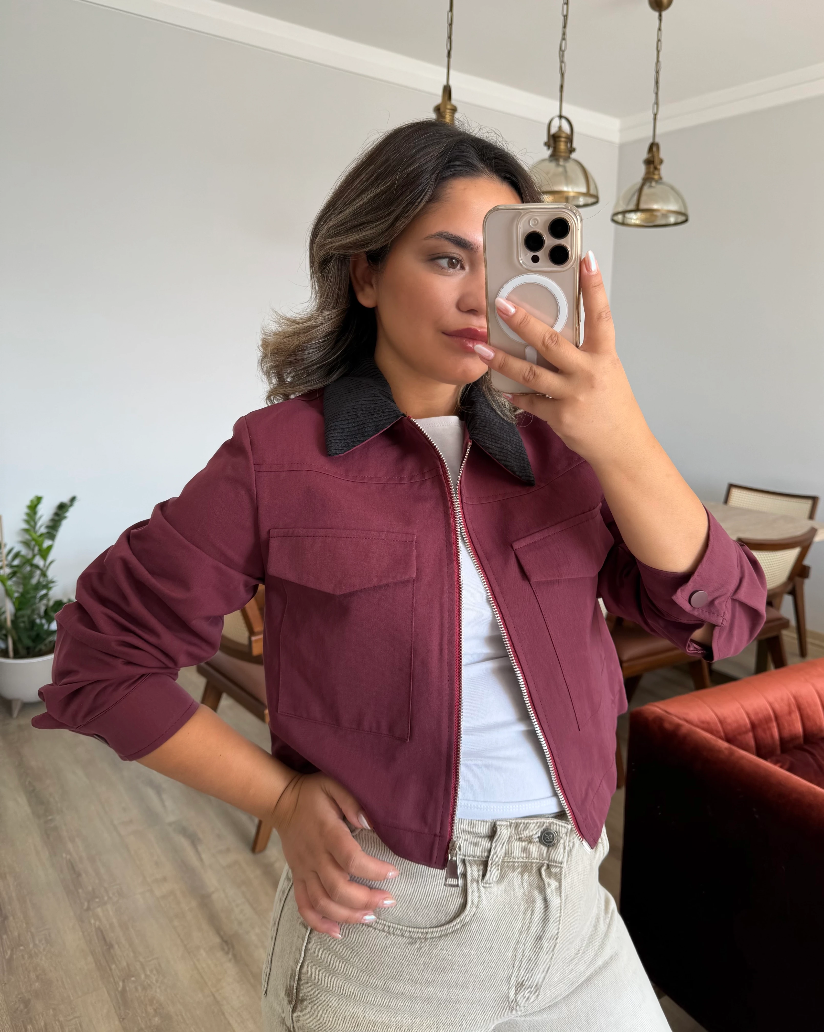 Kadife Yaka Crop Ceket 